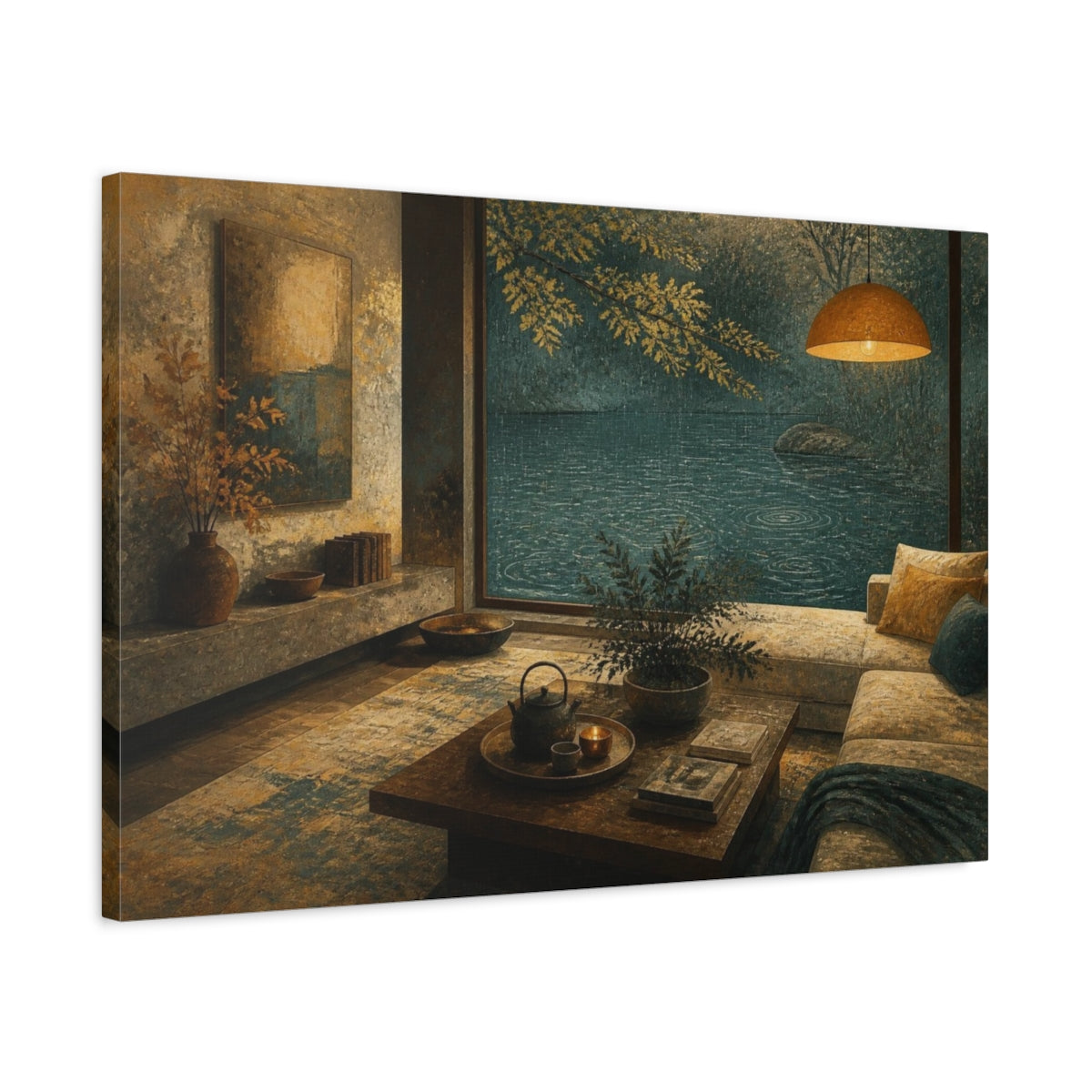 Side Mockup 2. Living Room Lake View shown as canvas print