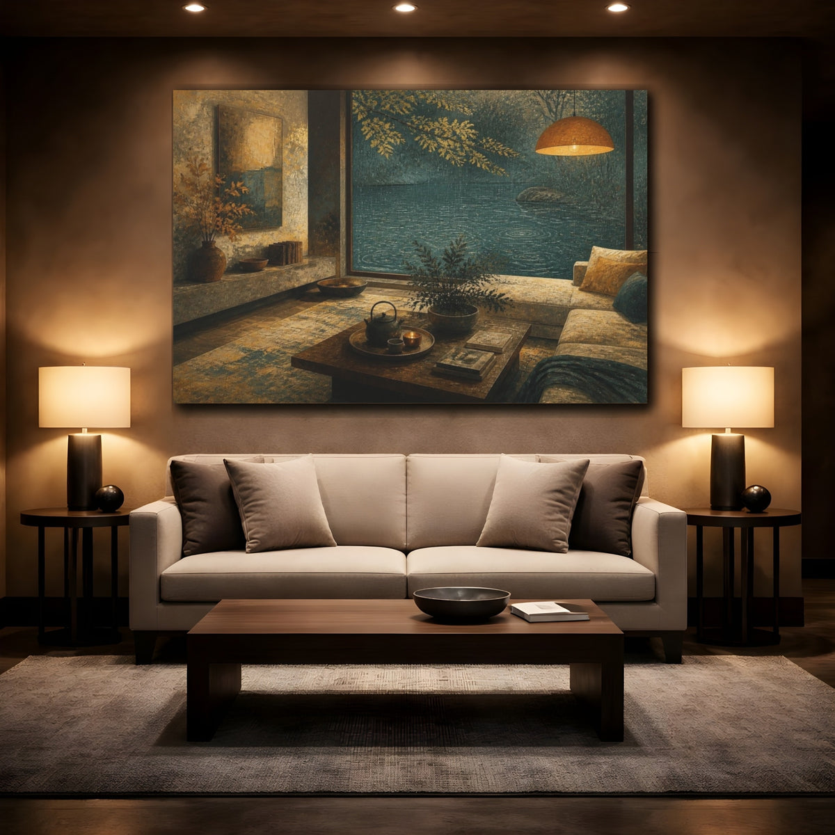 Mockup 2. Living Room Lake View shown as canvas print