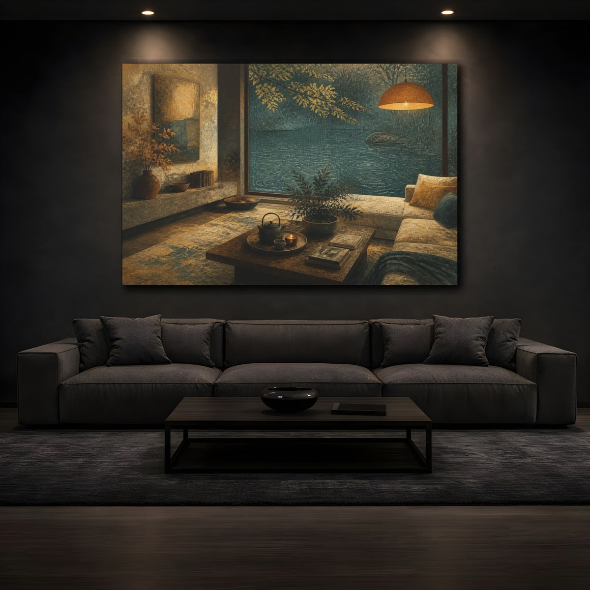 Mockup 3. Living Room Lake View shown as canvas print