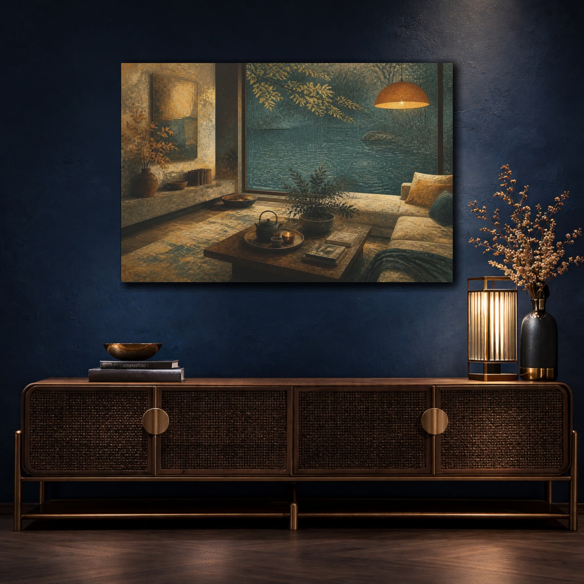 Mockup 4. Living Room Lake View shown as canvas print
