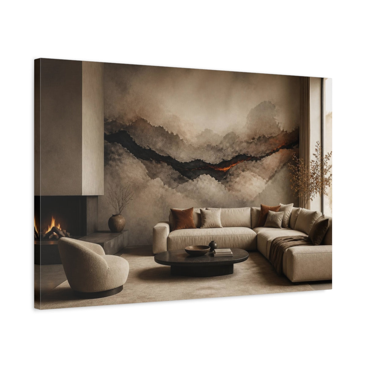 Side Mockup 2. Living Room Lava Seam shown as canvas print