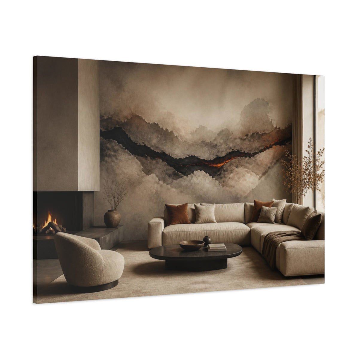 Side Mockup 1. Living Room Lava Seam shown as canvas print