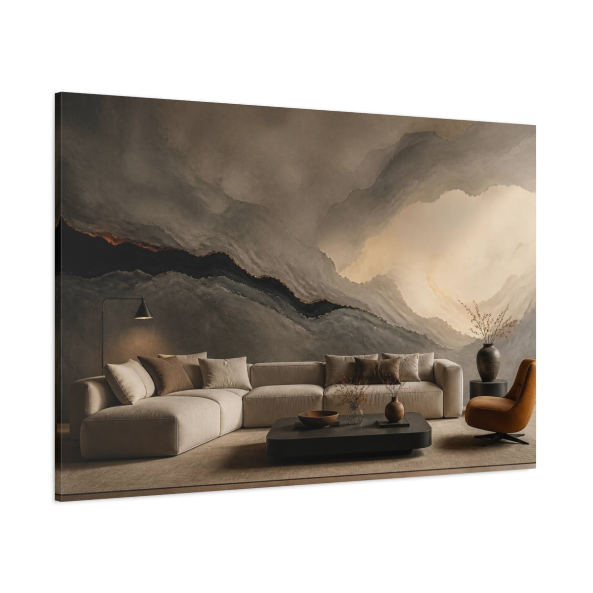 Side Mockup 1. Living Room Lava Seam shown as canvas print