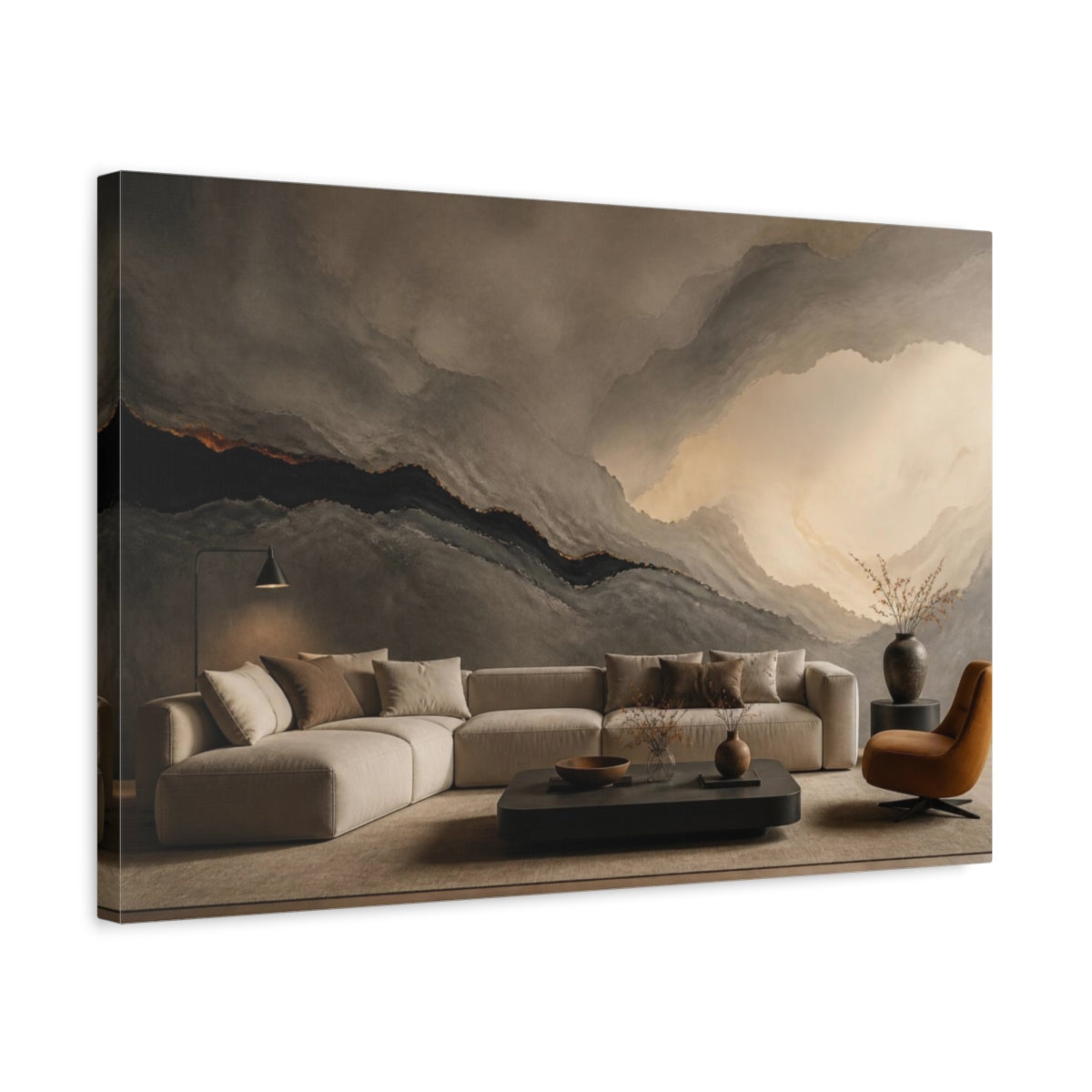 Side Mockup 3. Living Room Lava Seam shown as canvas print