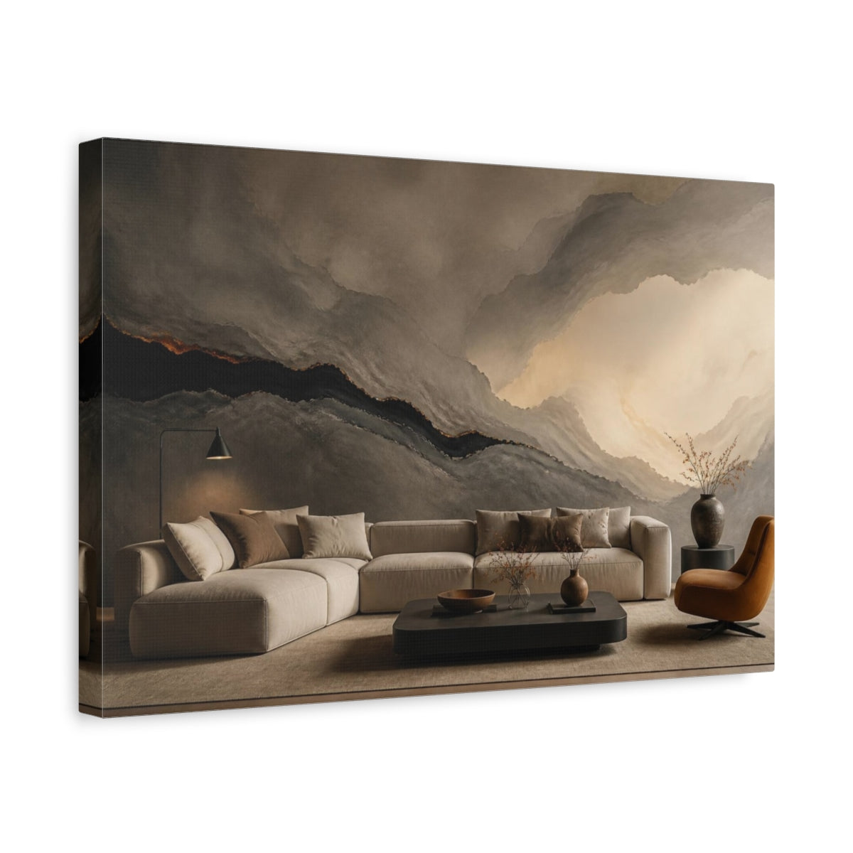 Side Mockup 4. Living Room Lava Seam shown as canvas print