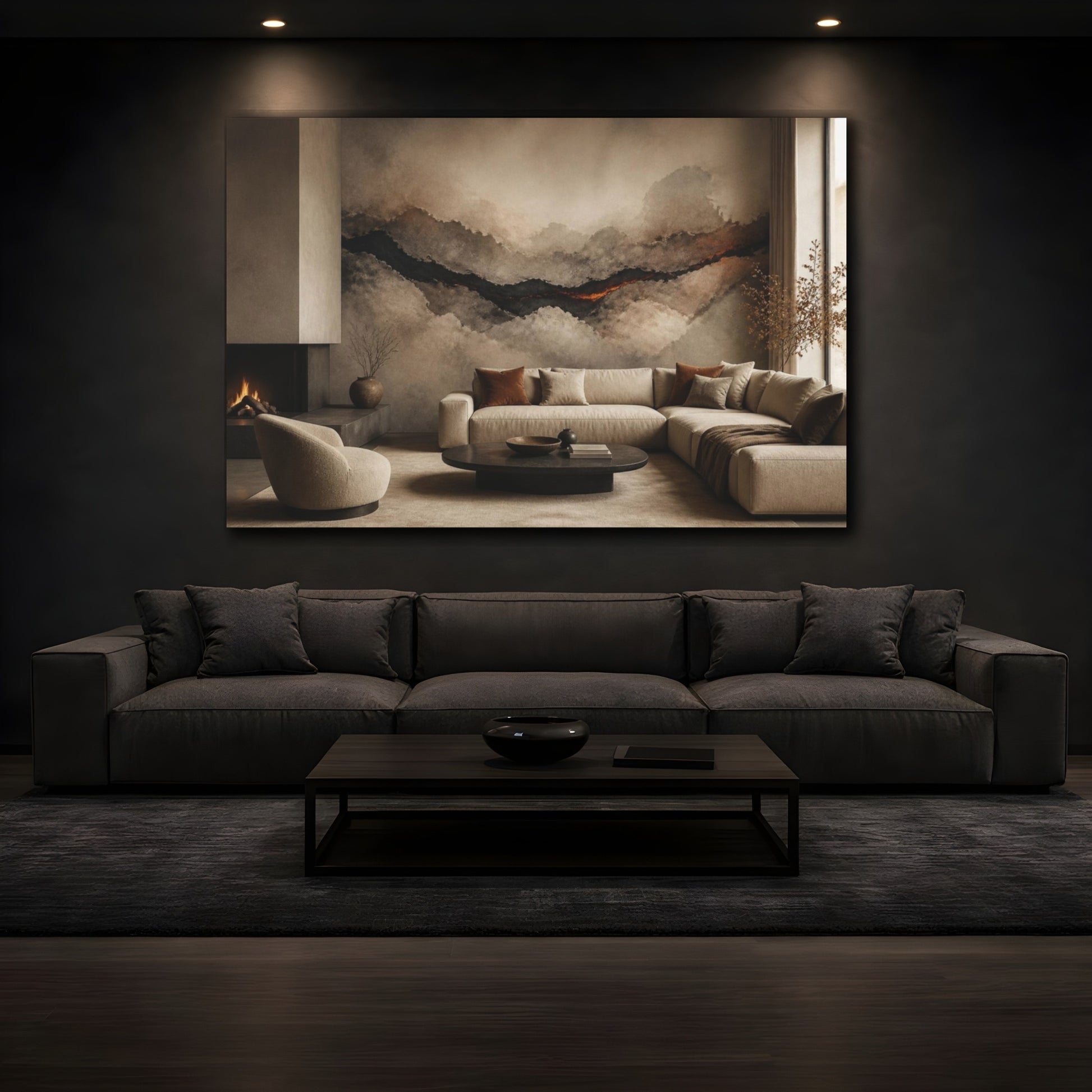 Mockup 3. Living Room Lava Seam shown as canvas print