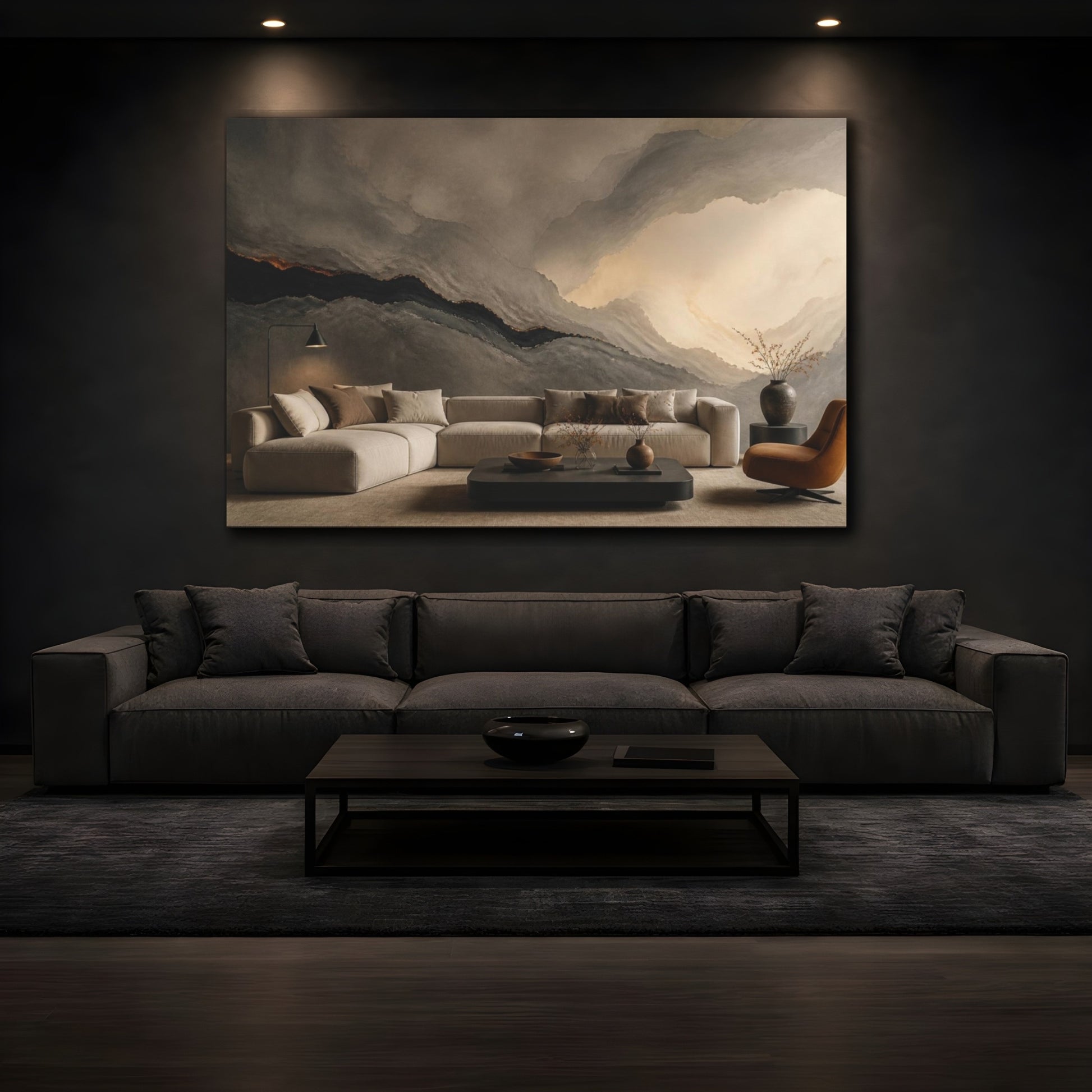 Mockup 3. Living Room Lava Seam shown as canvas print