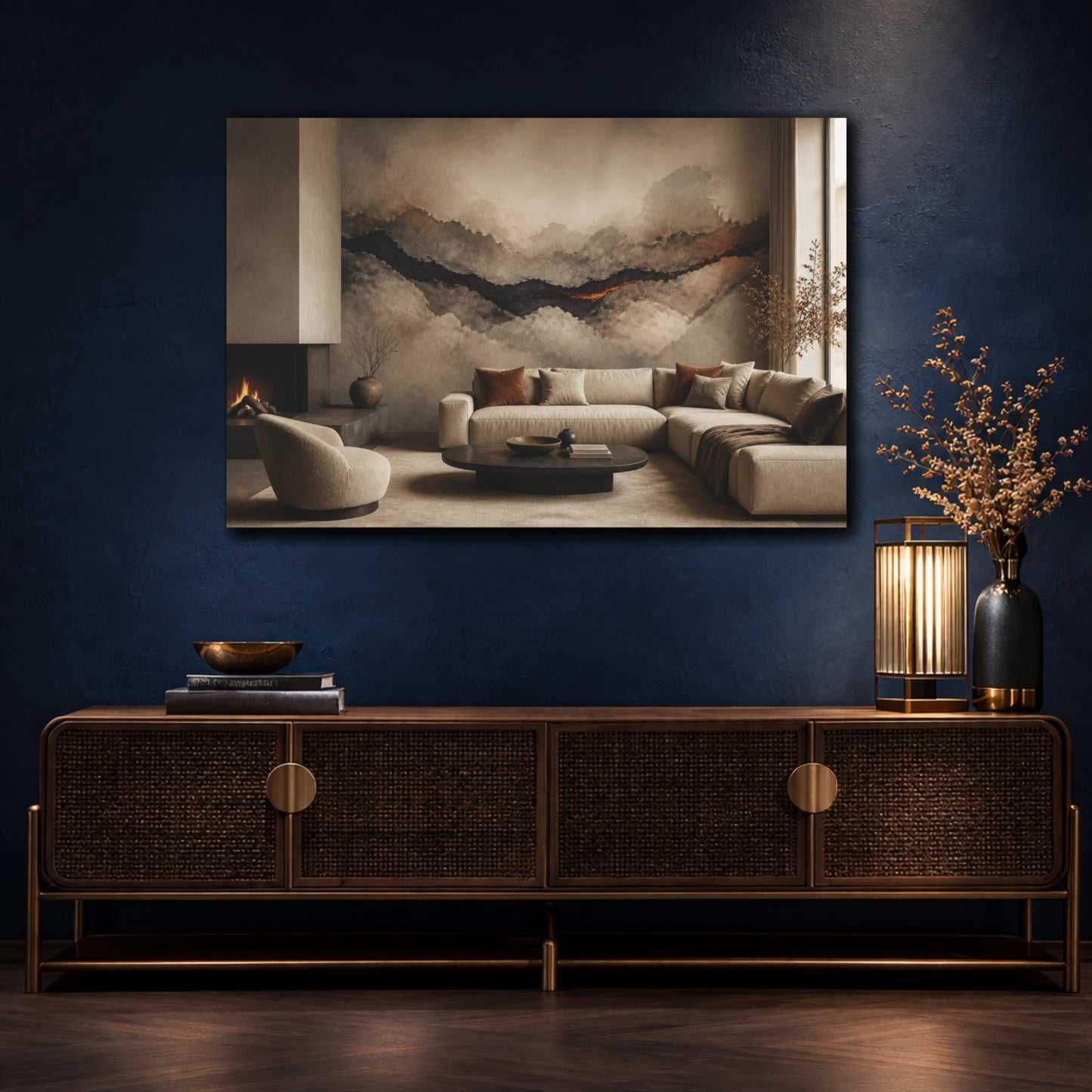 Mockup 4. Living Room Lava Seam shown as canvas print