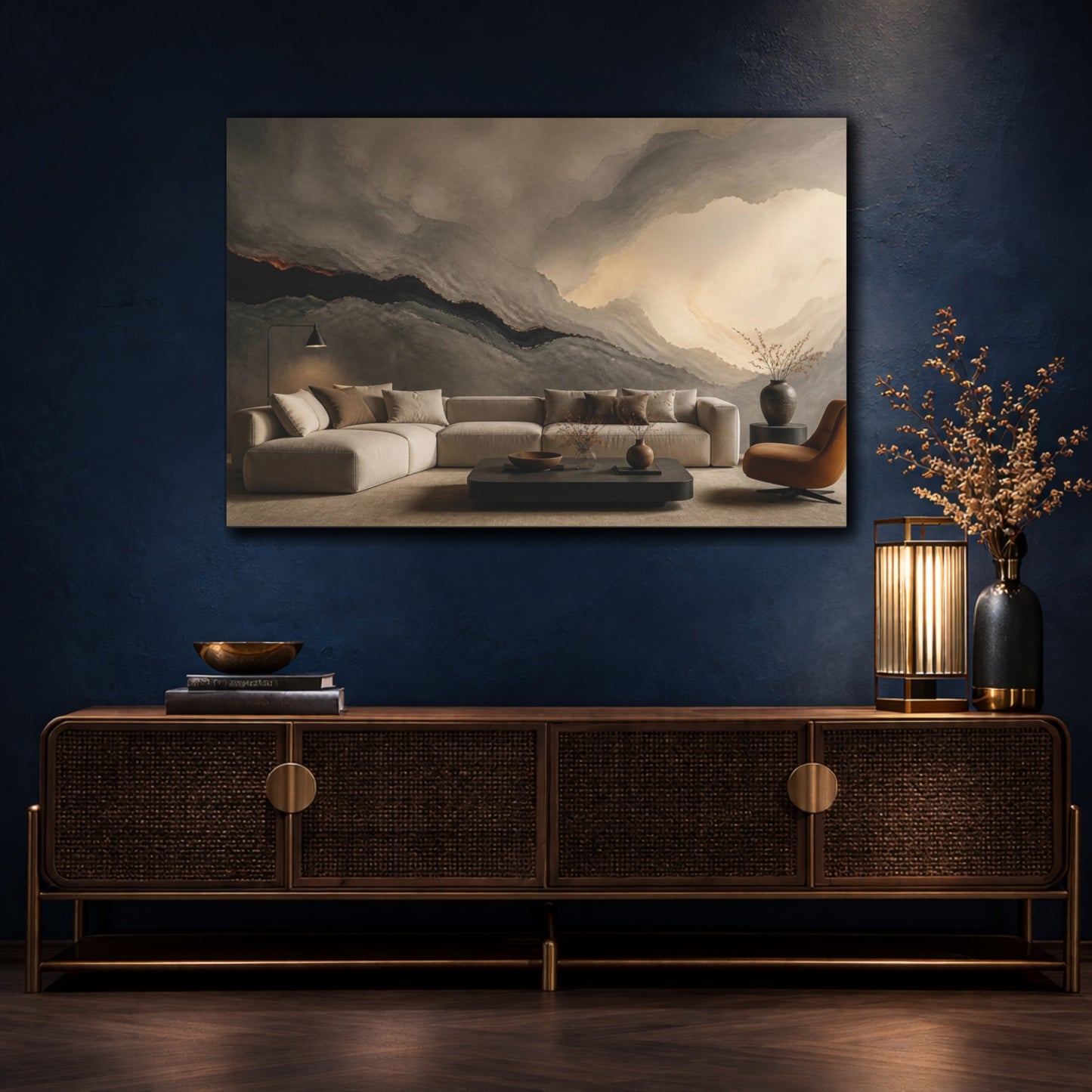 Mockup 4. Living Room Lava Seam shown as canvas print