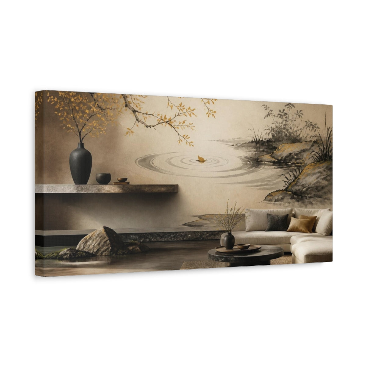 Side Mockup 3. Living Room Leaf Ripples shown as canvas print