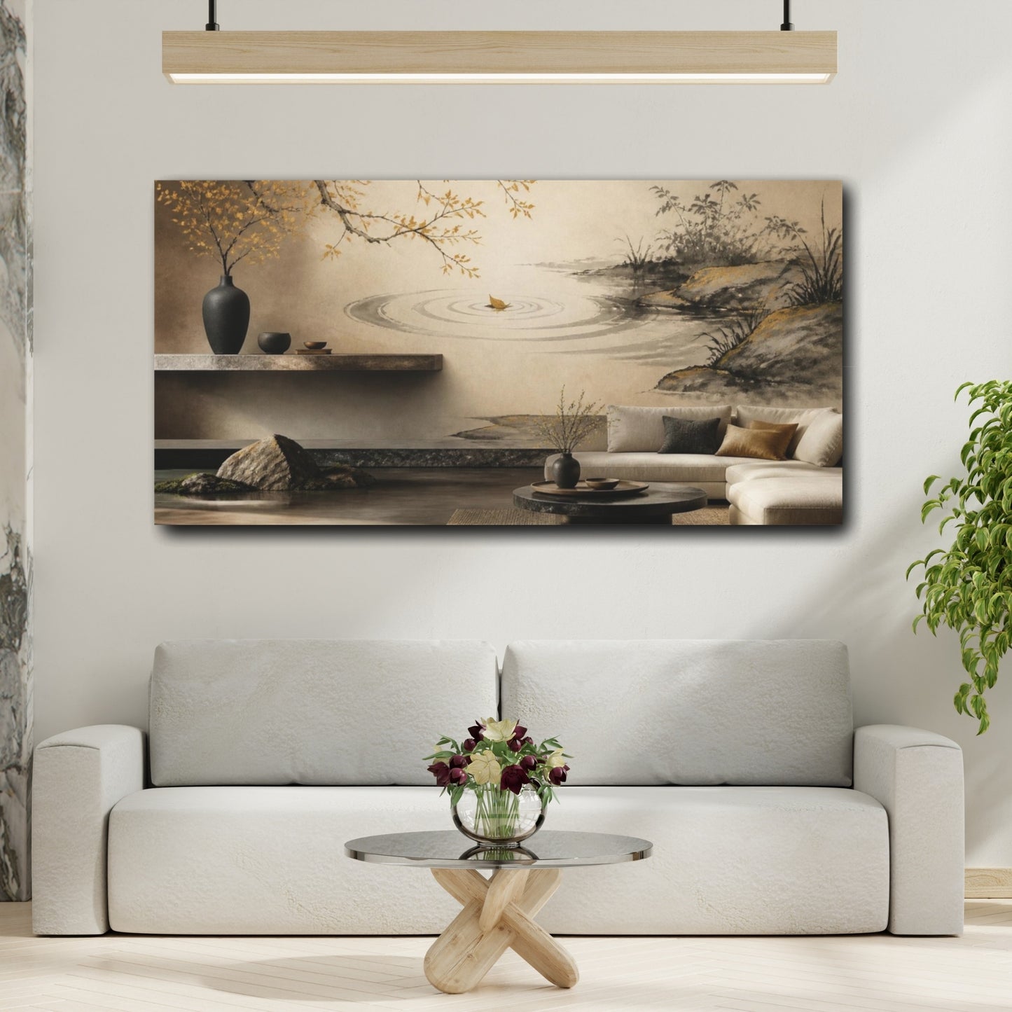 Mockup 2. Living Room Leaf Ripples shown as canvas print