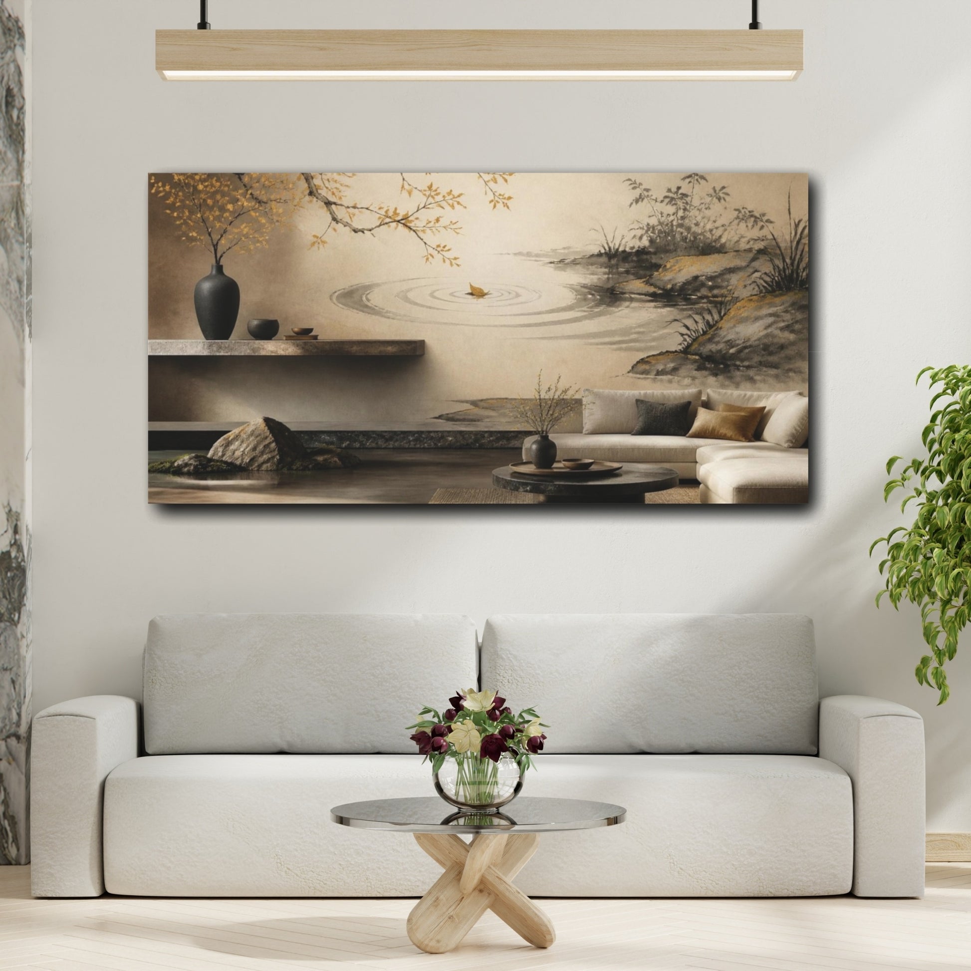 Mockup 2. Living Room Leaf Ripples shown as canvas print
