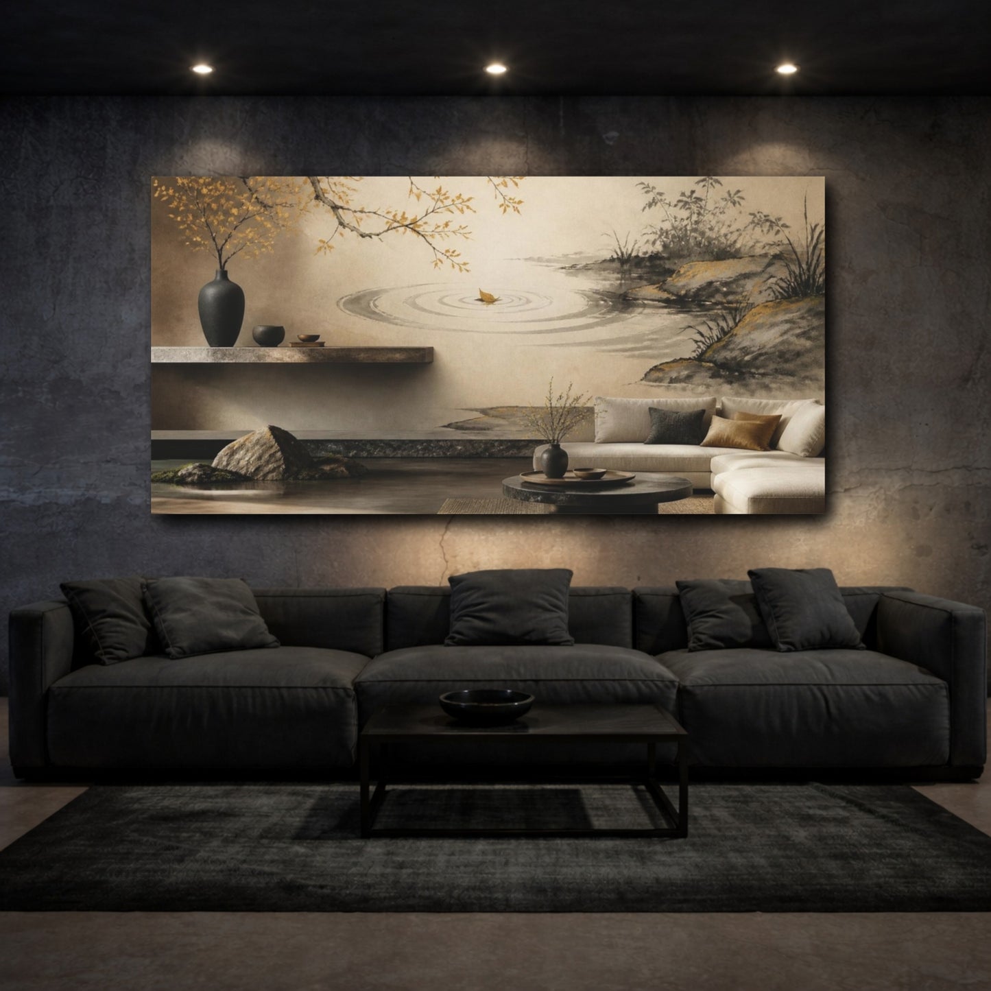 Mockup 3. Living Room Leaf Ripples shown as canvas print