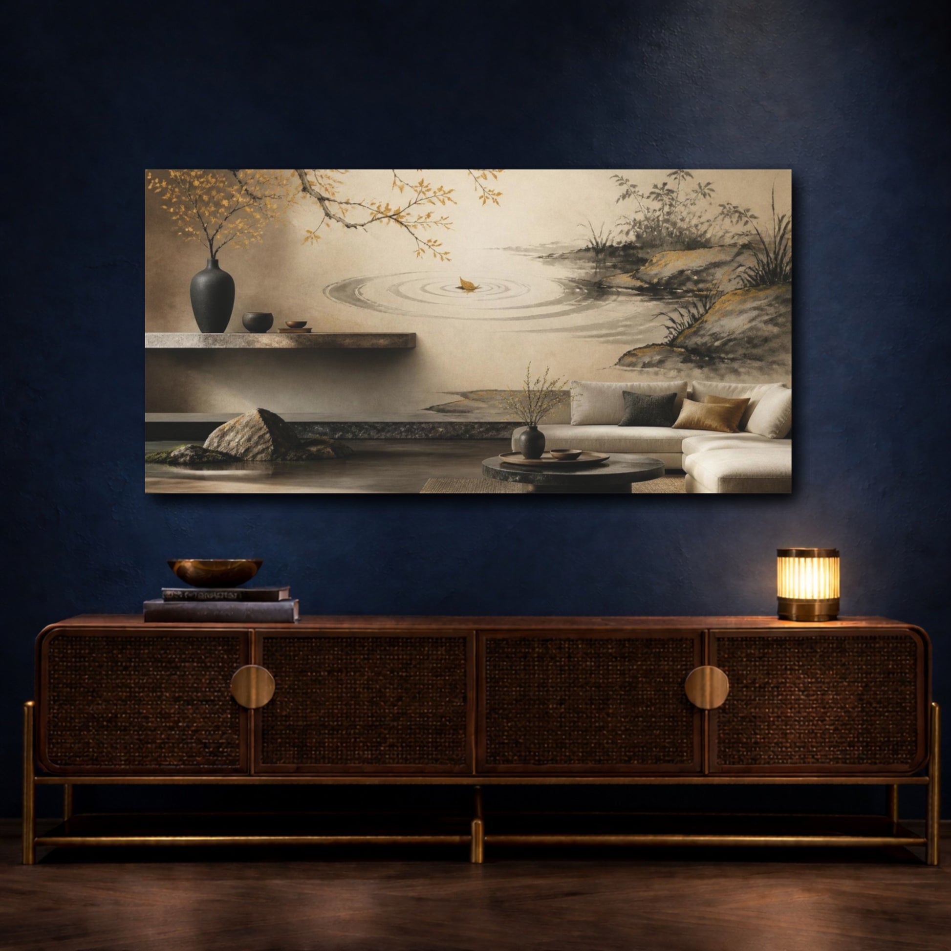 Mockup 4. Living Room Leaf Ripples shown as canvas print
