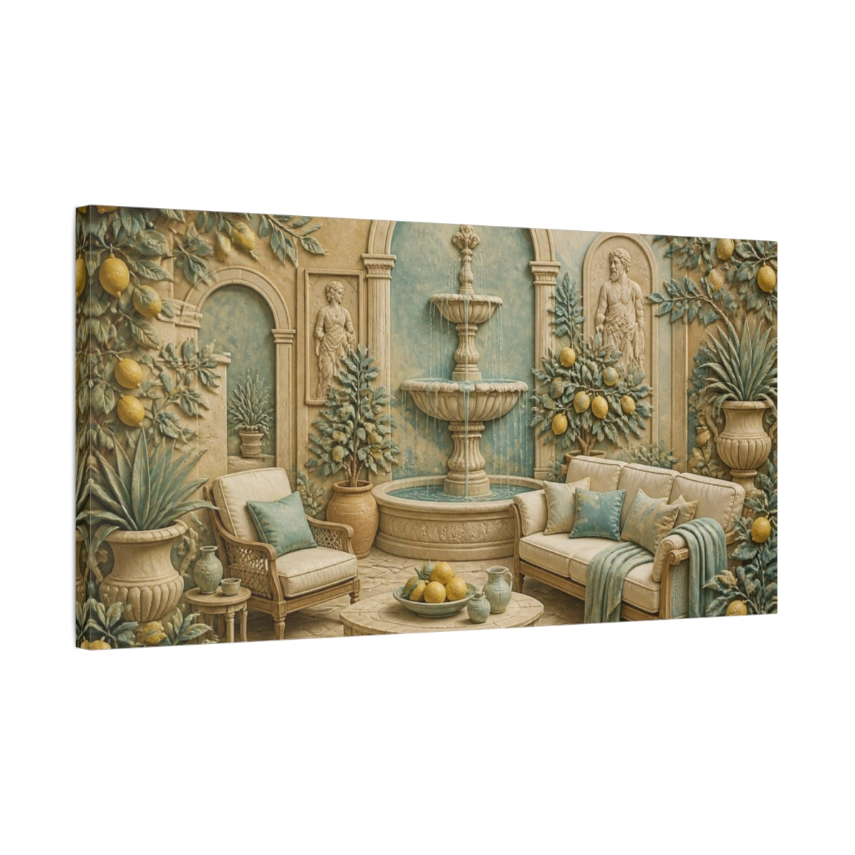 Side Mockup 1. Living Room Lemon Fountain shown as canvas print