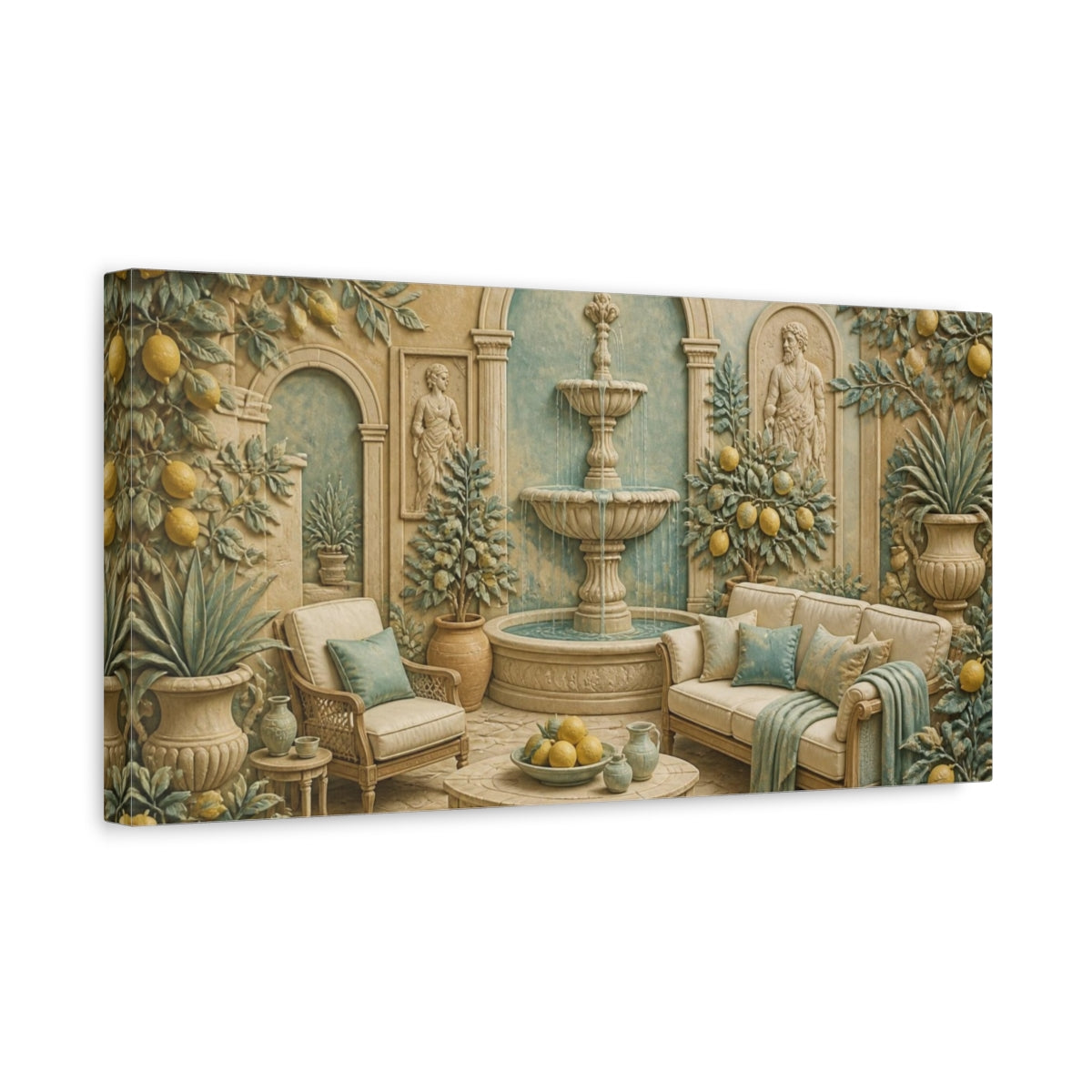 Side Mockup 3. Living Room Lemon Fountain shown as canvas print