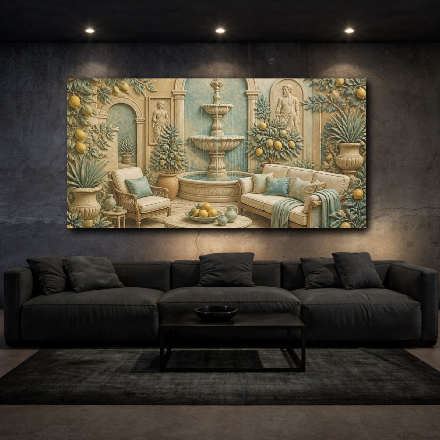 Mockup 3. Living Room Lemon Fountain shown as canvas print