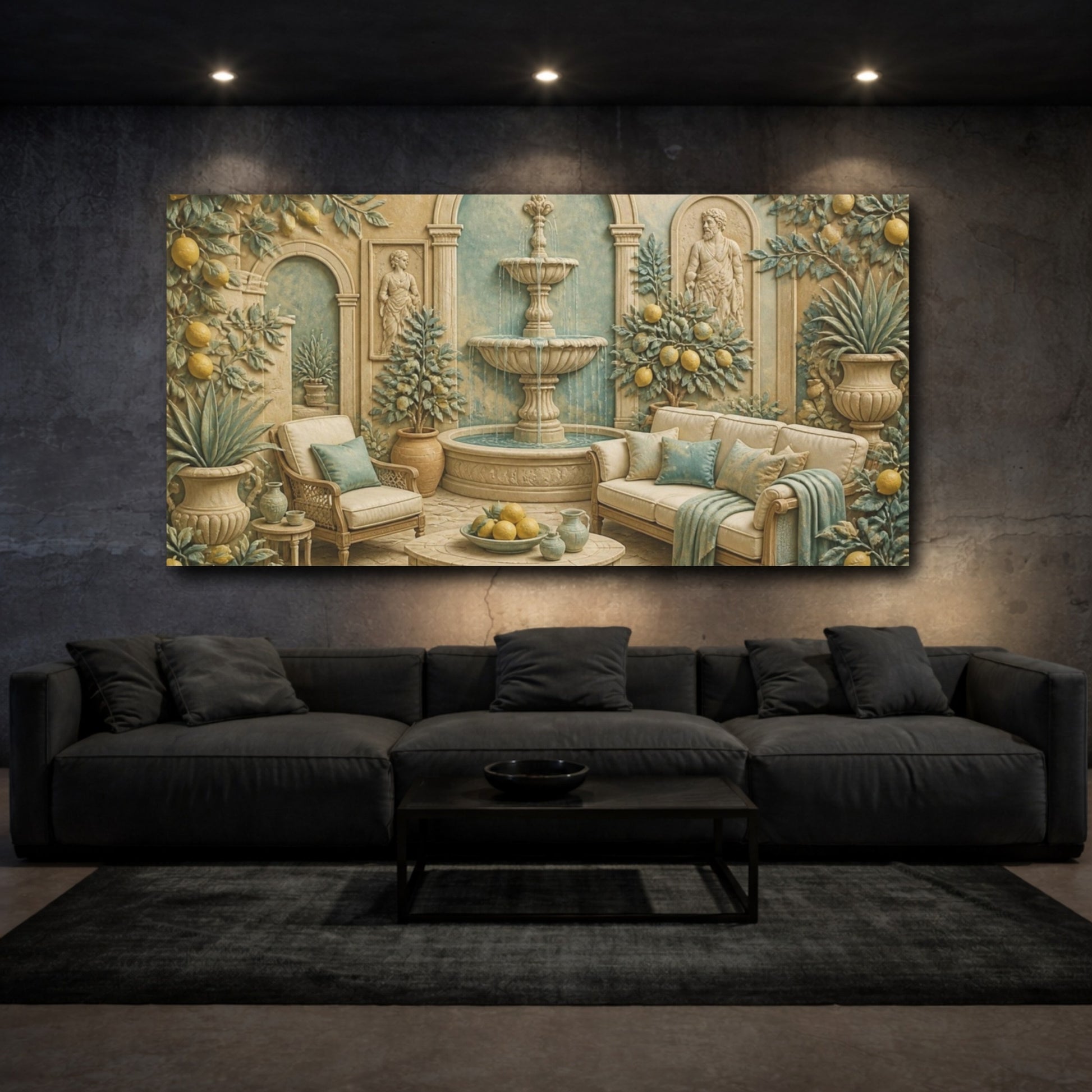 Mockup 3. Living Room Lemon Fountain shown as canvas print