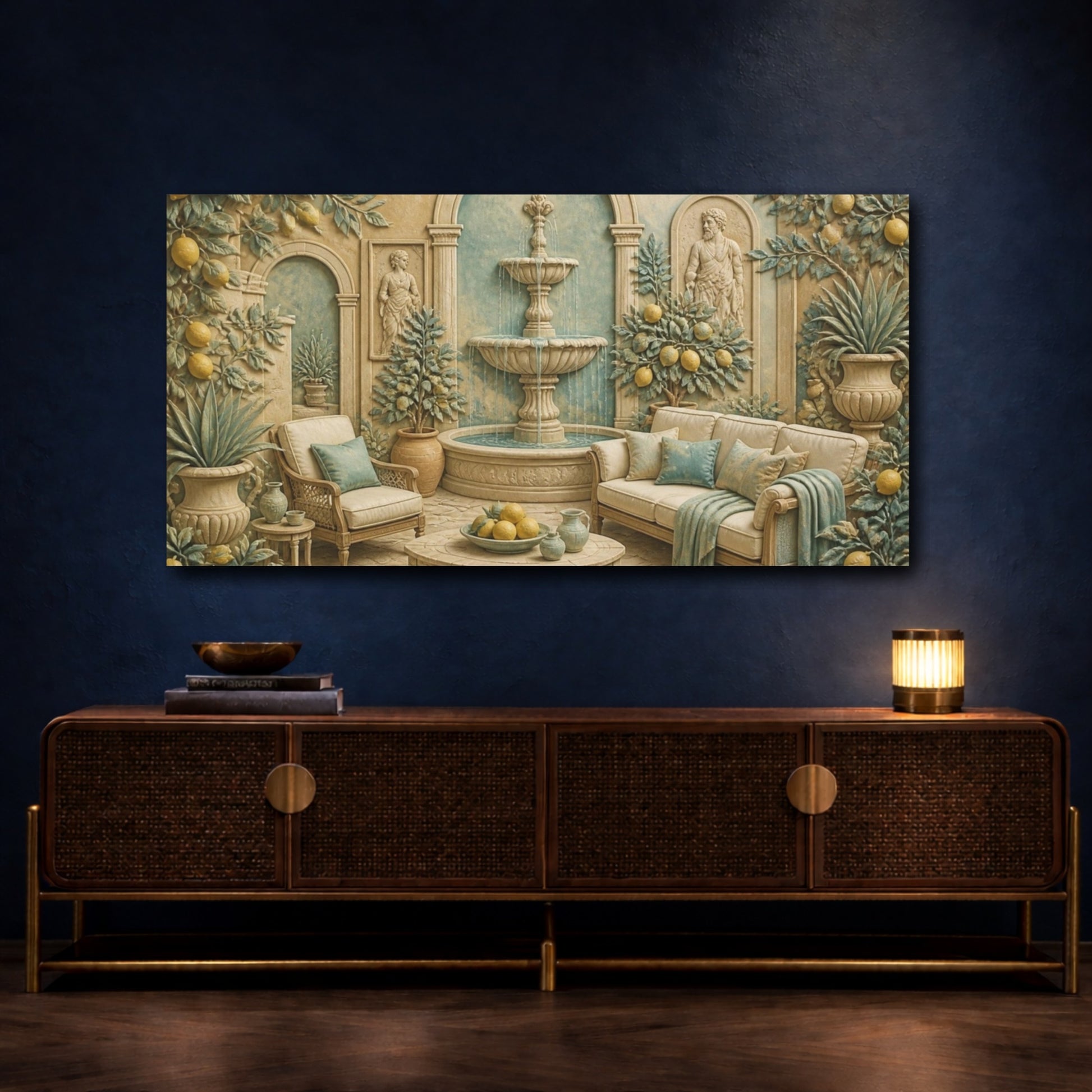Mockup 4. Living Room Lemon Fountain shown as canvas print