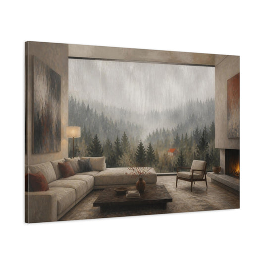 Main Mockup. Living Room Misty Forest shown as canvas print