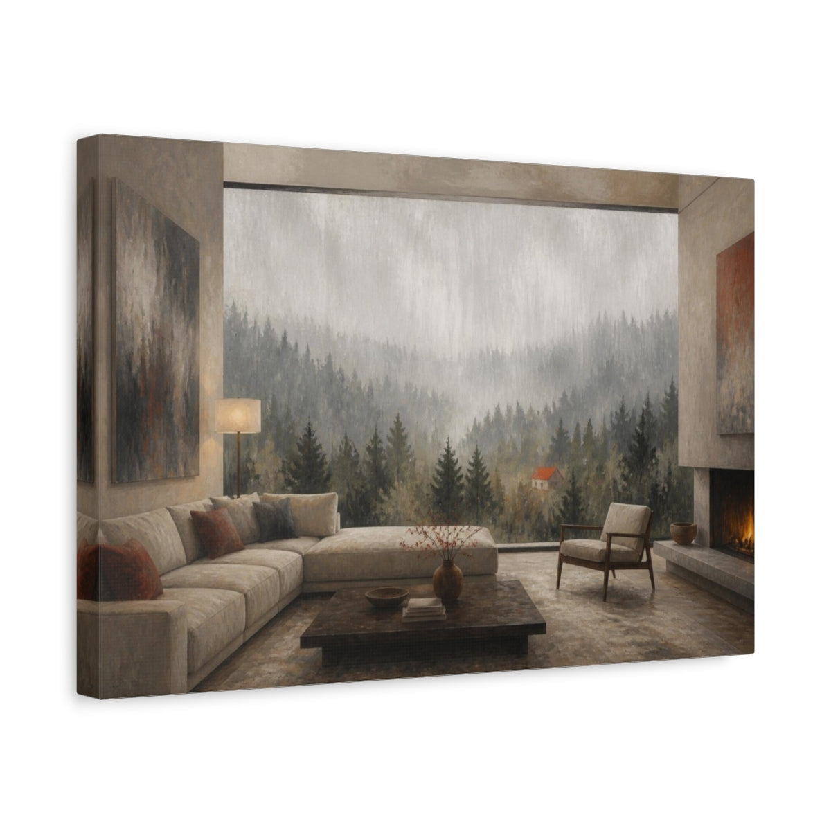 Side Mockup 4. Living Room Misty Forest shown as canvas print