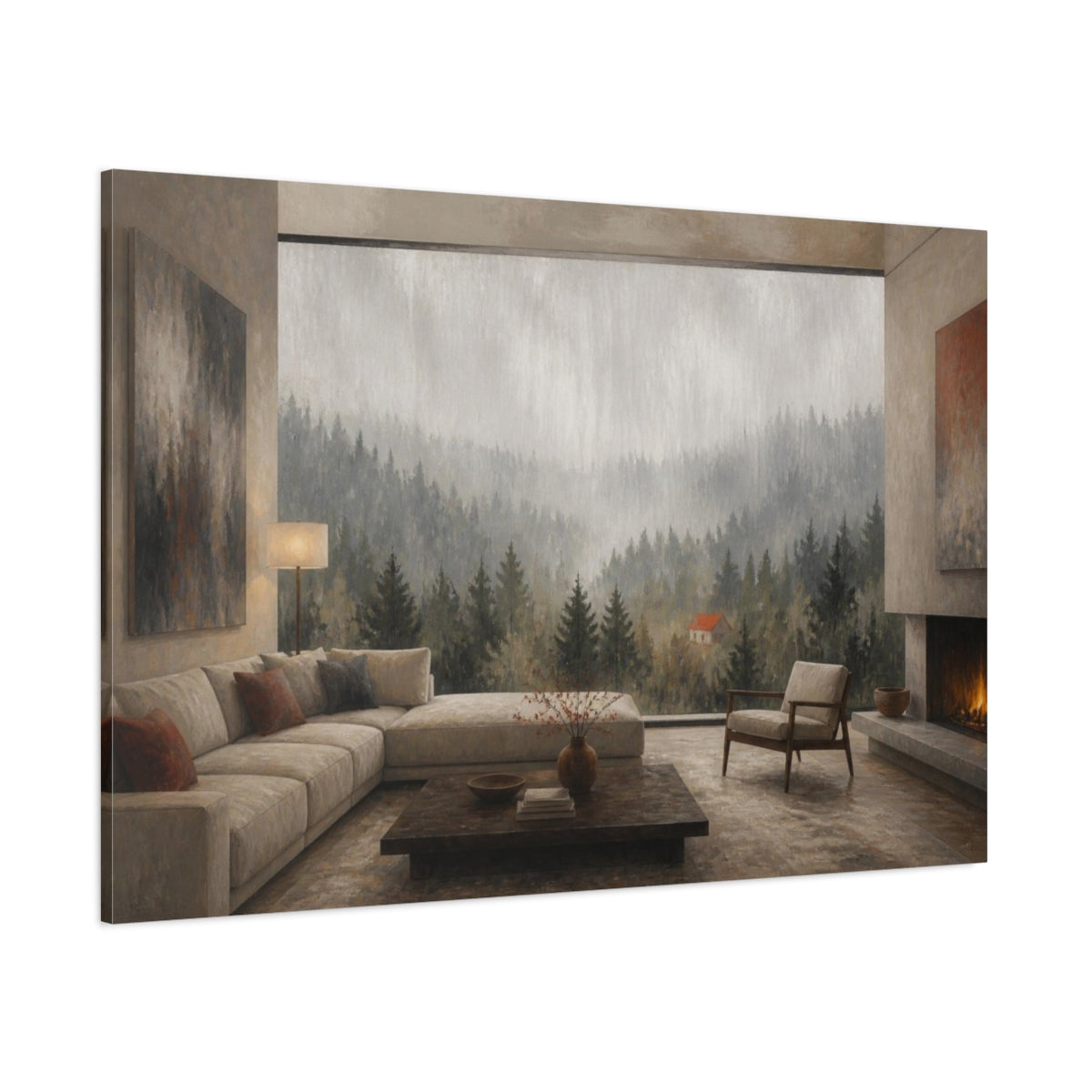 Side Mockup 1. Living Room Misty Forest shown as canvas print