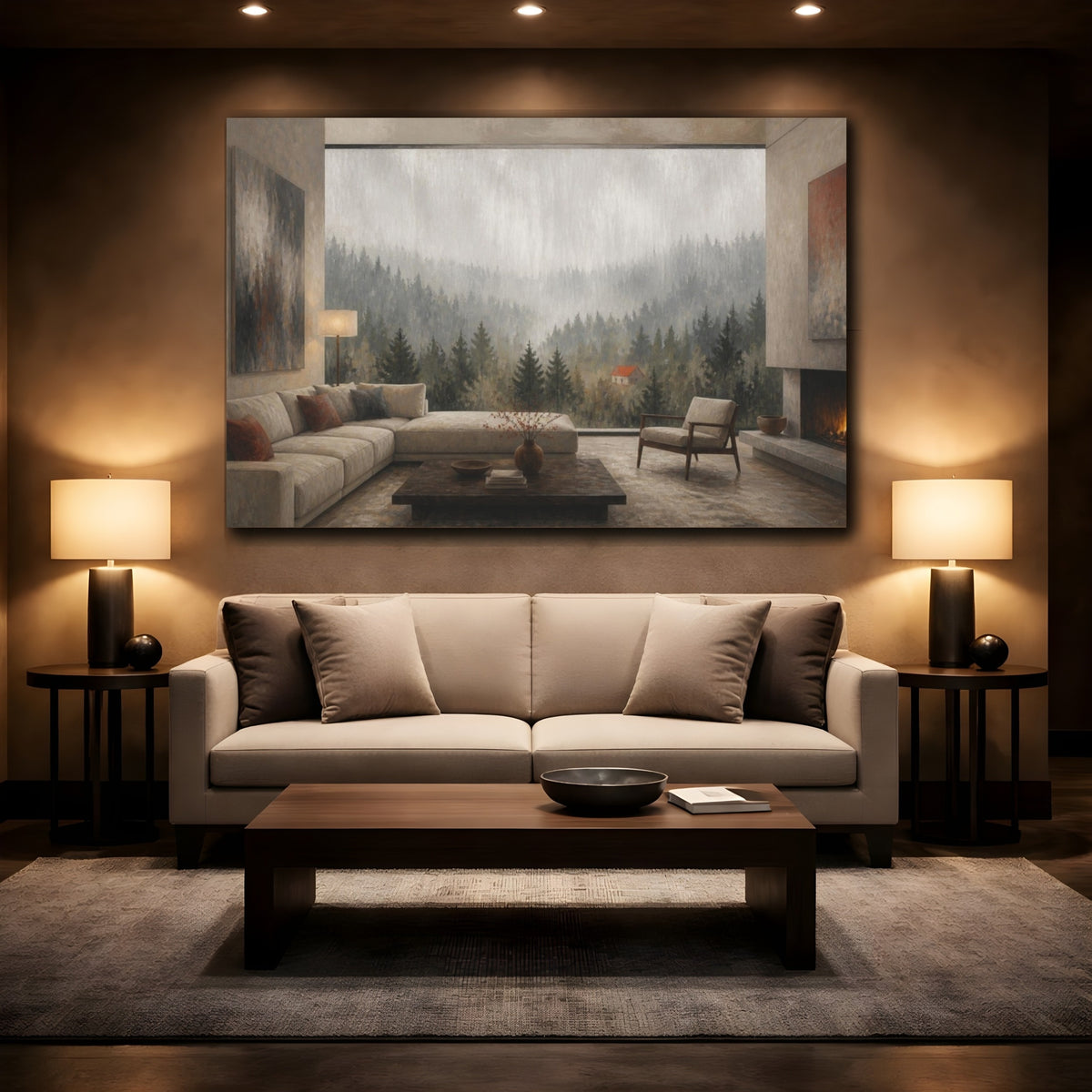 Mockup 2. Living Room Misty Forest shown as canvas print