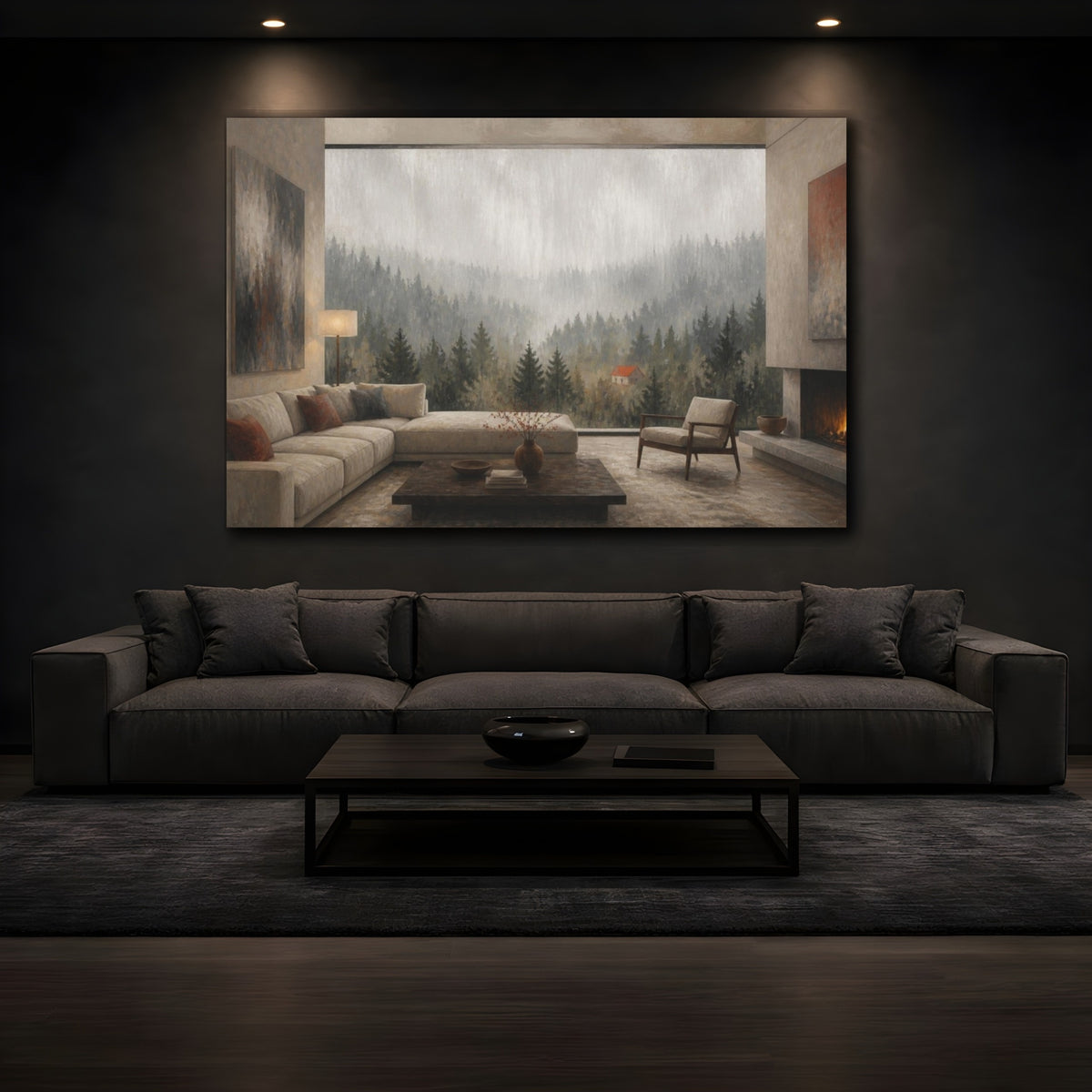 Mockup 3. Living Room Misty Forest shown as canvas print