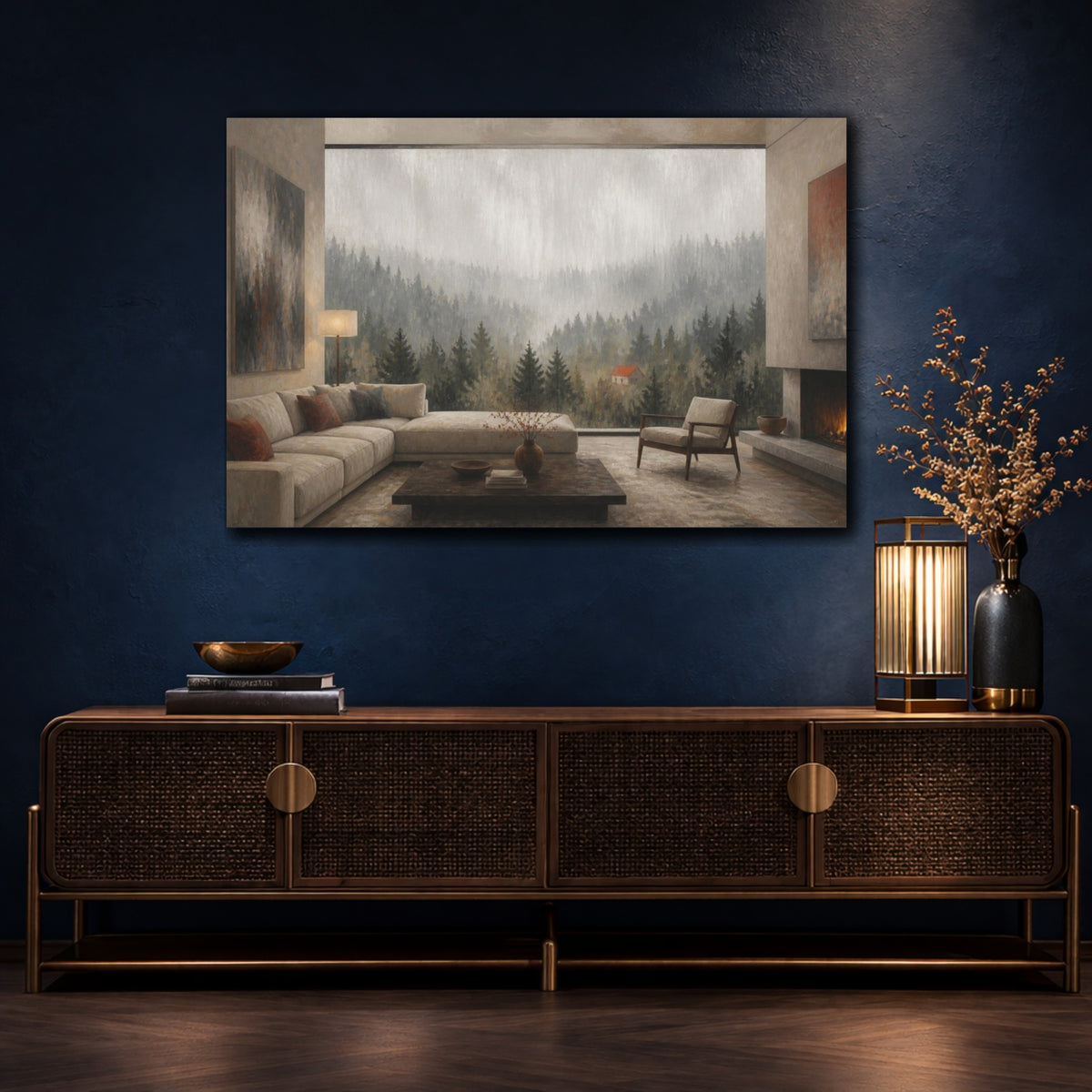 Mockup 4. Living Room Misty Forest shown as canvas print