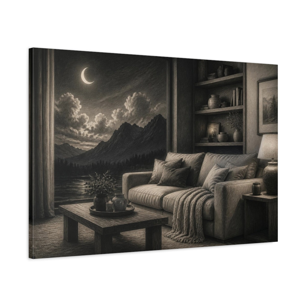 Main Mockup. Living Room Moonlit Mountains shown as canvas print