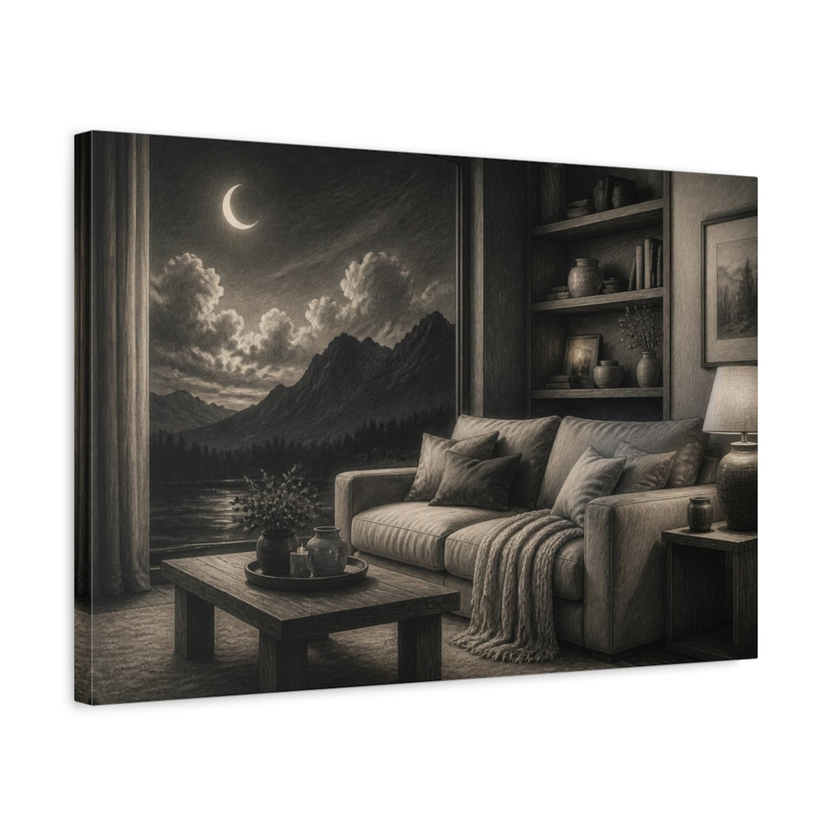 Side Mockup 3. Living Room Moonlit Mountains shown as canvas print