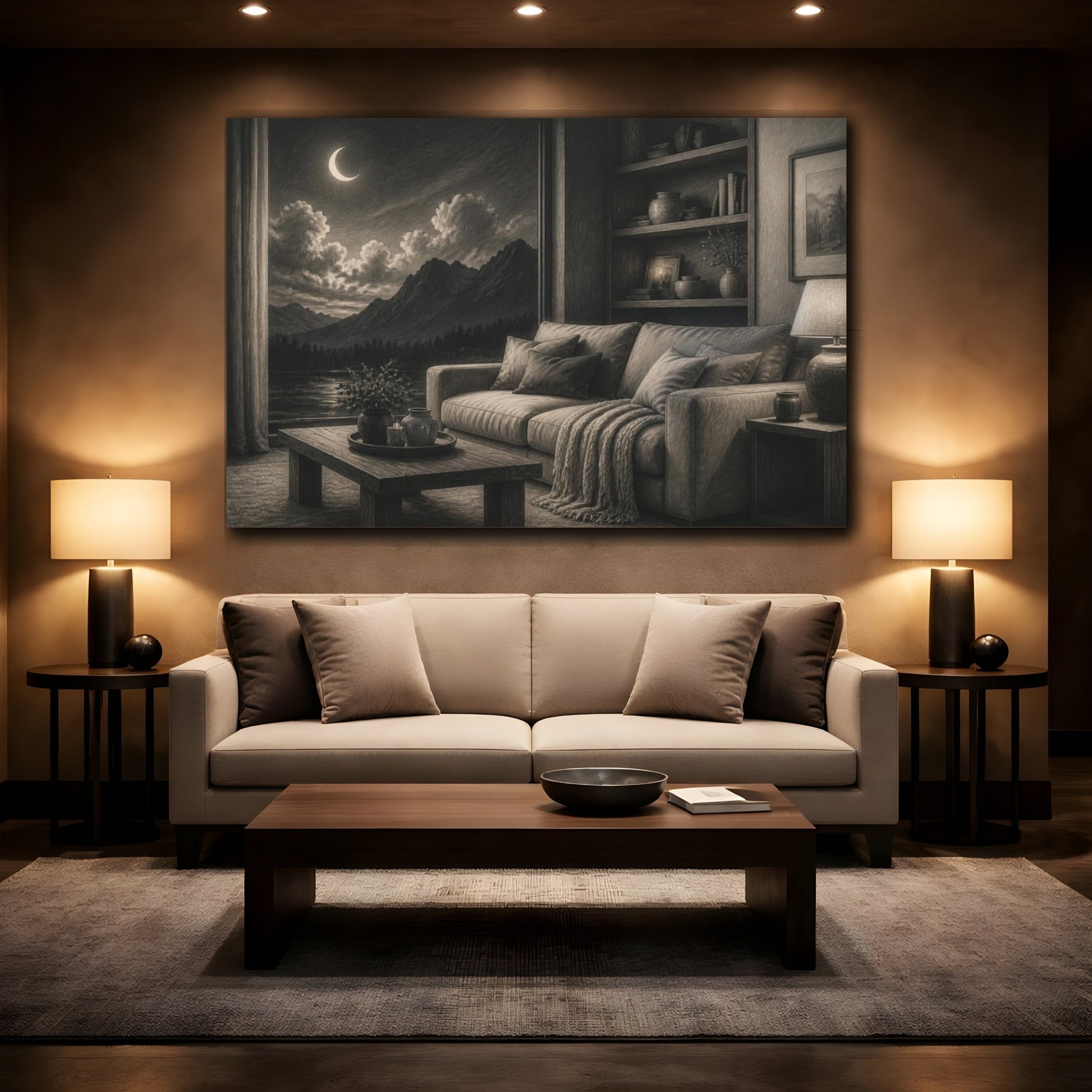Mockup 2. Living Room Moonlit Mountains shown as canvas print