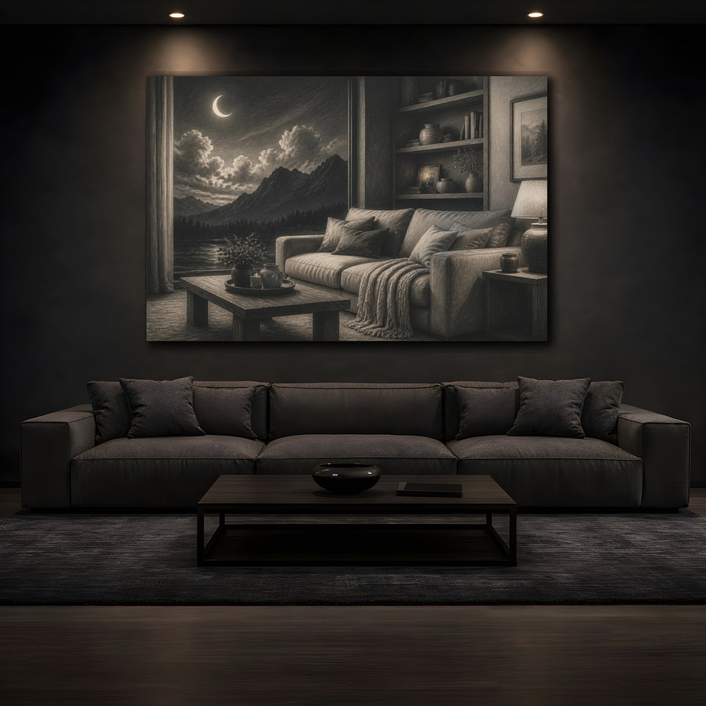 Mockup 3. Living Room Moonlit Mountains shown as canvas print