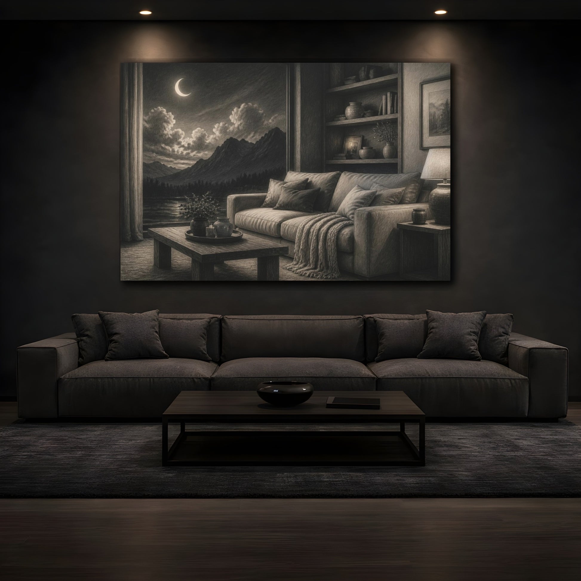 Mockup 3. Living Room Moonlit Mountains shown as canvas print