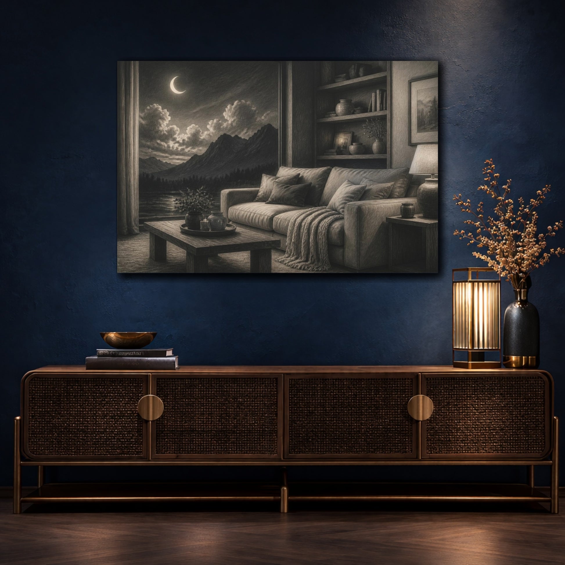 Mockup 4. Living Room Moonlit Mountains shown as canvas print
