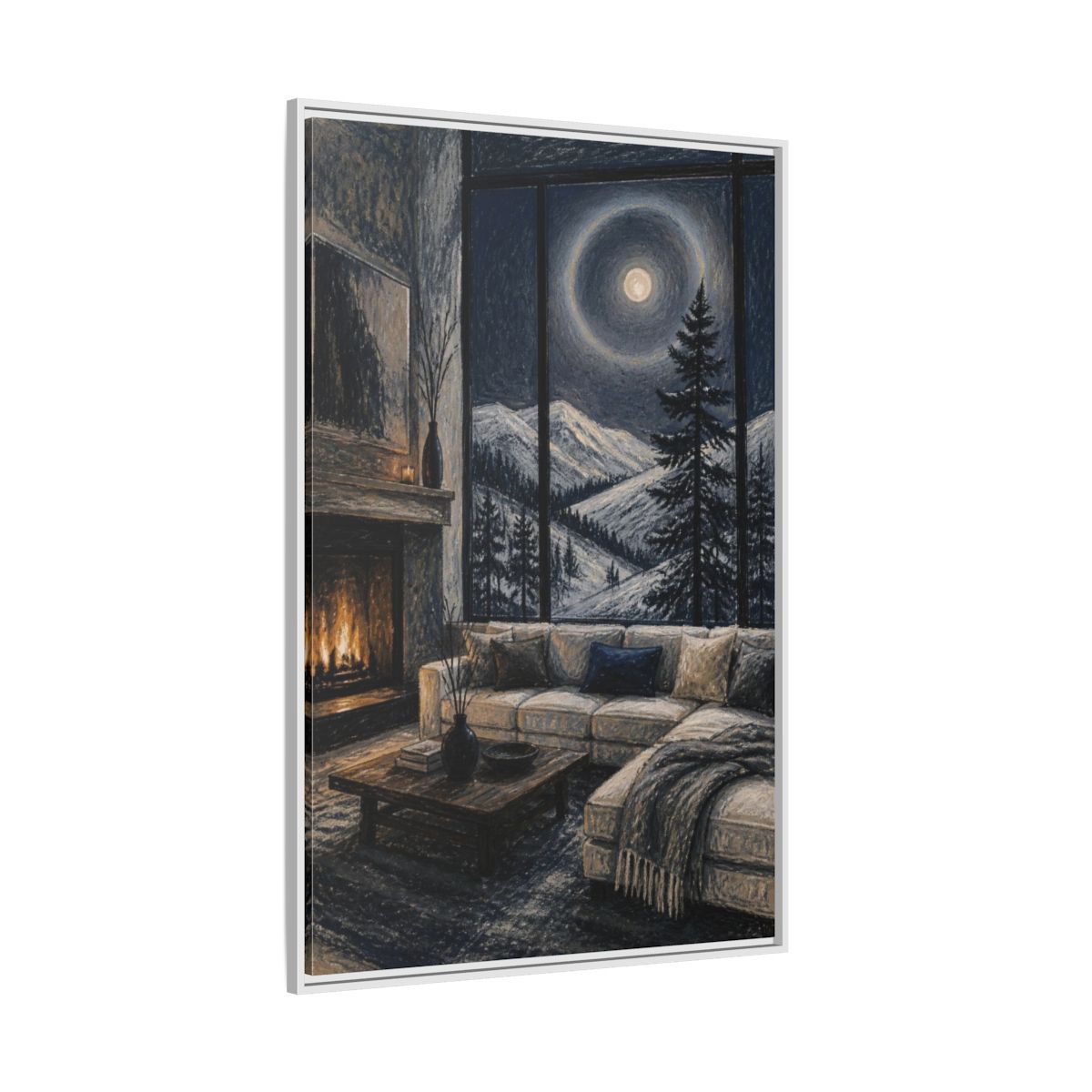Side Mockup 7. Living Room Moonlit Pine shown as framed canvas print