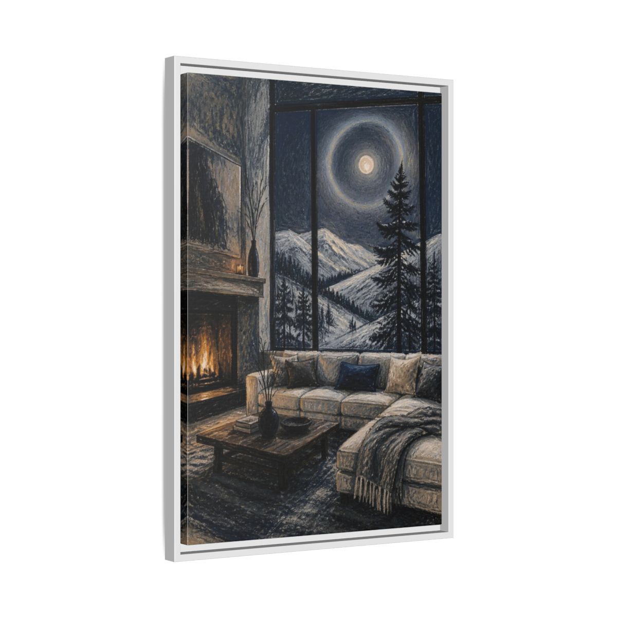 Side Mockup 10. Living Room Moonlit Pine shown as framed canvas print