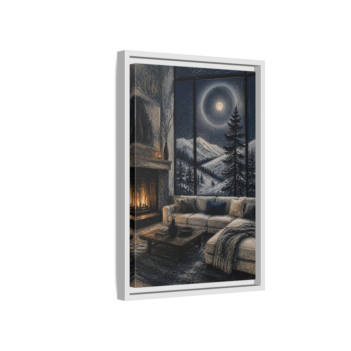 Side Mockup 4. Living Room Moonlit Pine shown as framed canvas print