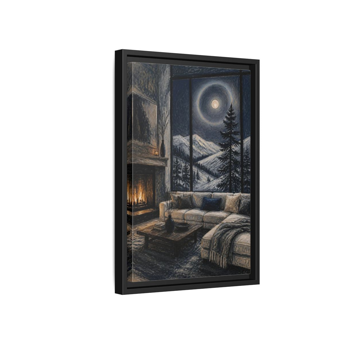 Side Mockup 6. Living Room Moonlit Pine shown as framed canvas print