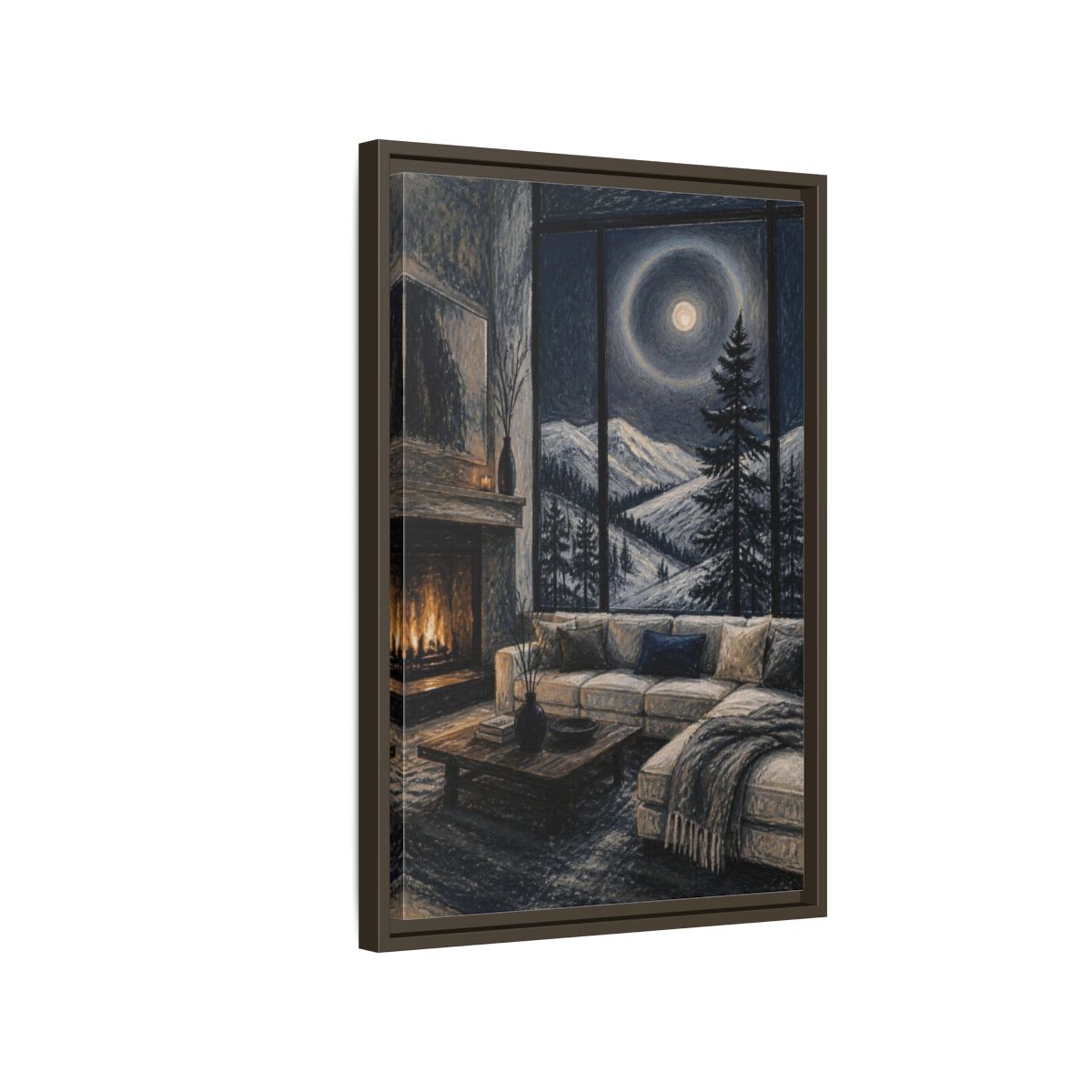 Side Mockup 2. Living Room Moonlit Pine shown as framed canvas print