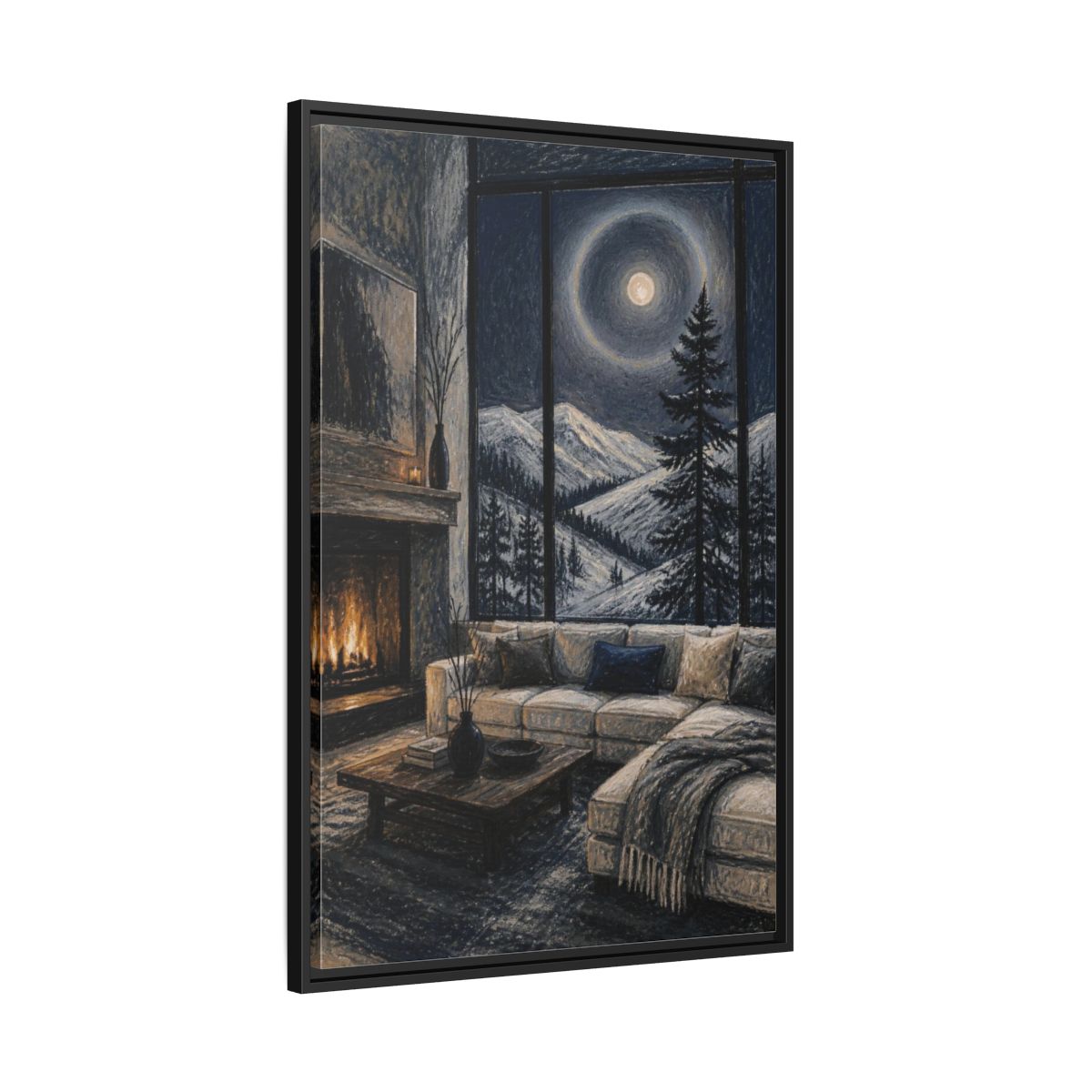 Side Mockup 13. Living Room Moonlit Pine shown as framed canvas print