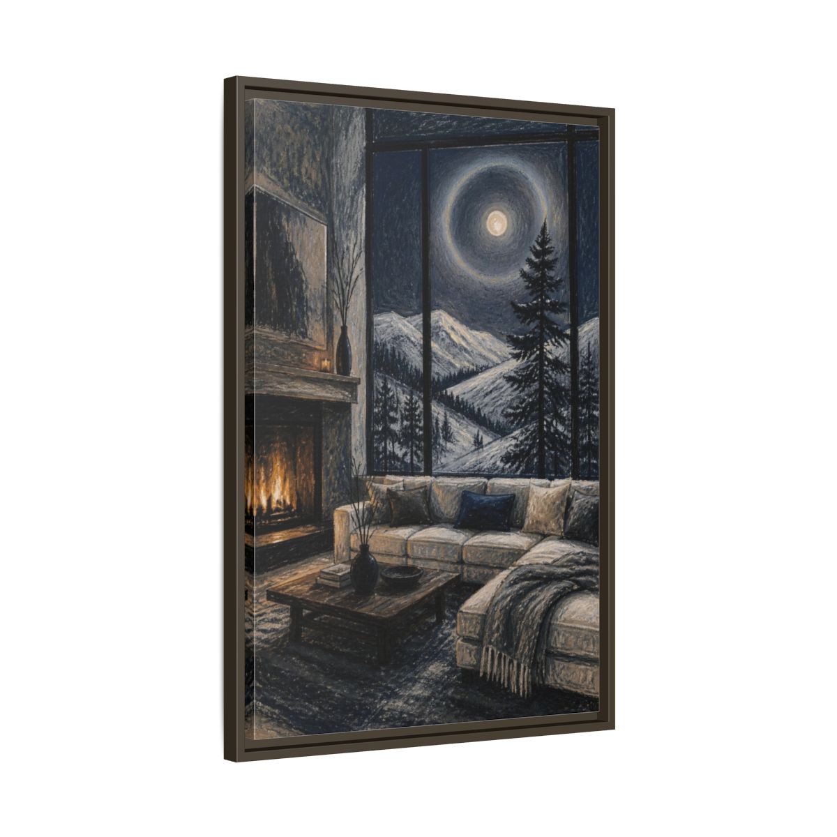 Side Mockup 11. Living Room Moonlit Pine shown as framed canvas print