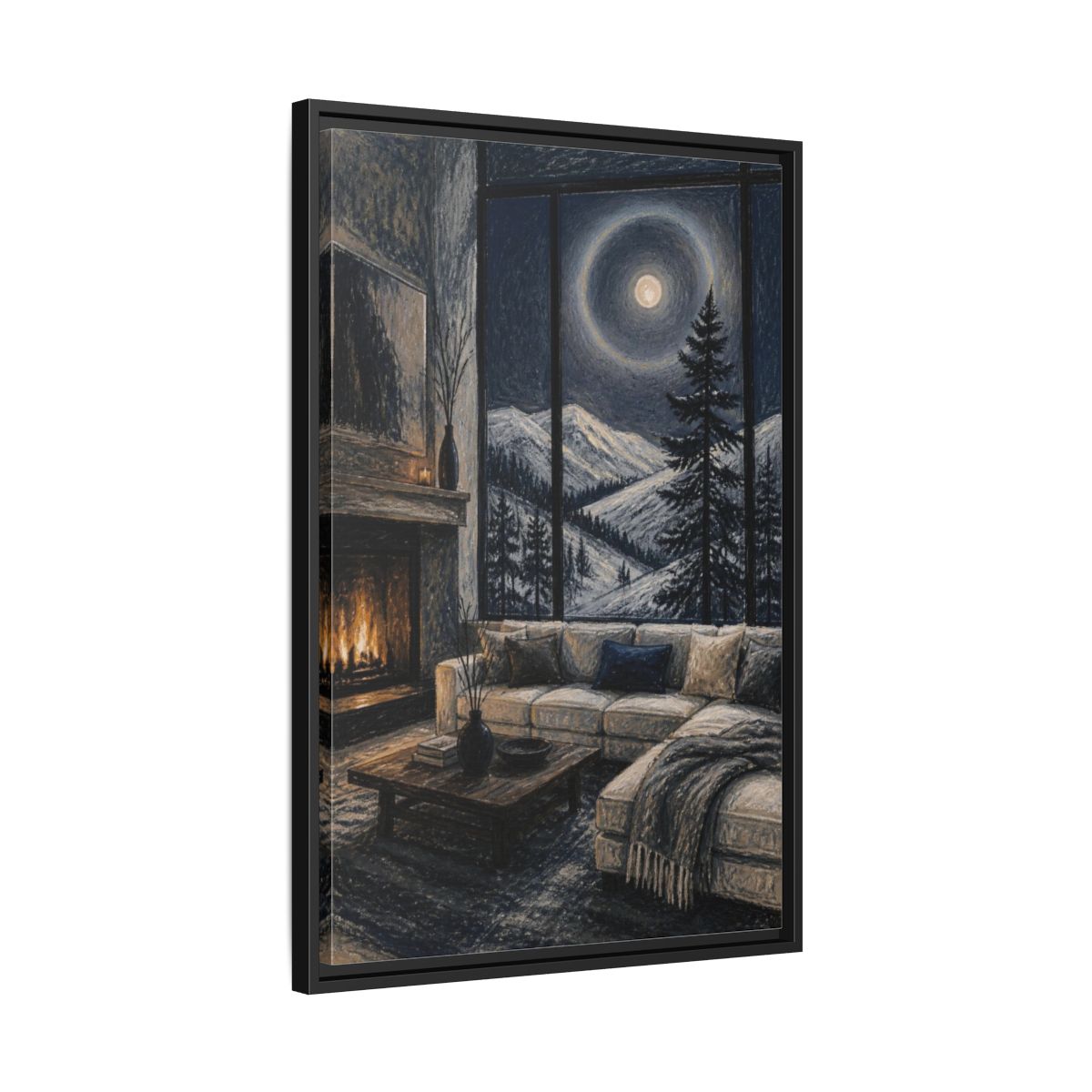 Side Mockup 14. Living Room Moonlit Pine shown as framed canvas print