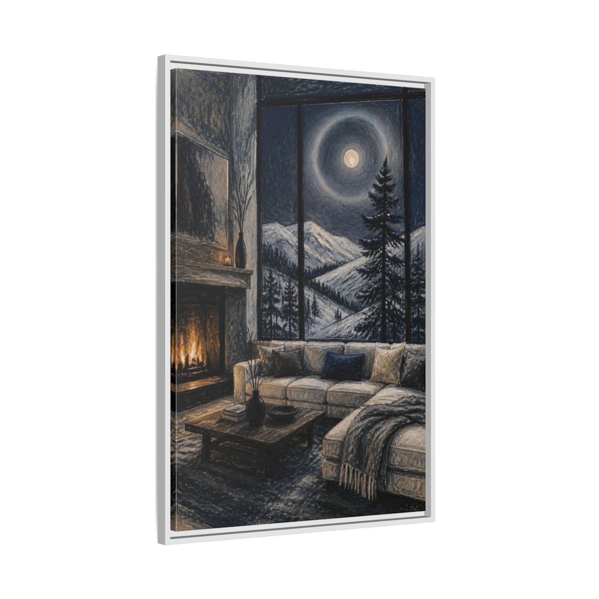 Side Mockup 9. Living Room Moonlit Pine shown as framed canvas print