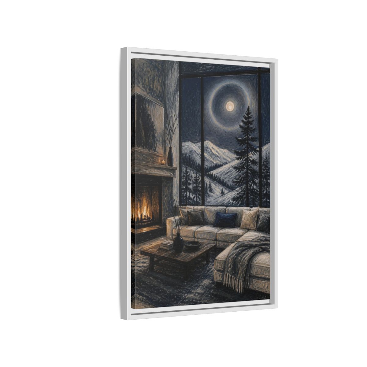 Side Mockup 1. Living Room Moonlit Pine shown as framed canvas print