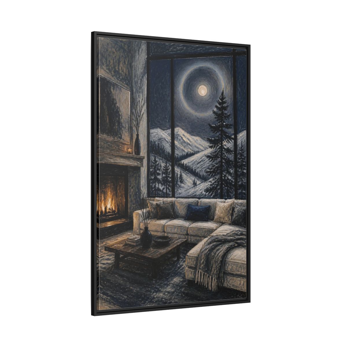 Side Mockup 12. Living Room Moonlit Pine shown as framed canvas print