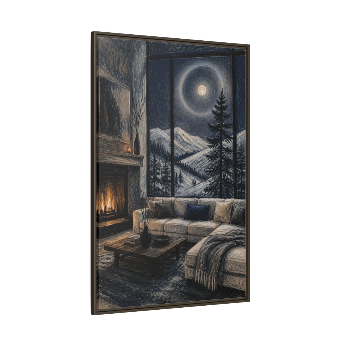 Side Mockup 8. Living Room Moonlit Pine shown as framed canvas print