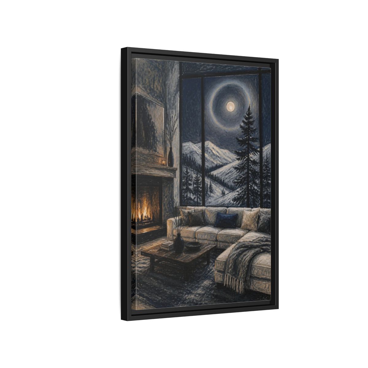 Side Mockup 3. Living Room Moonlit Pine shown as framed canvas print