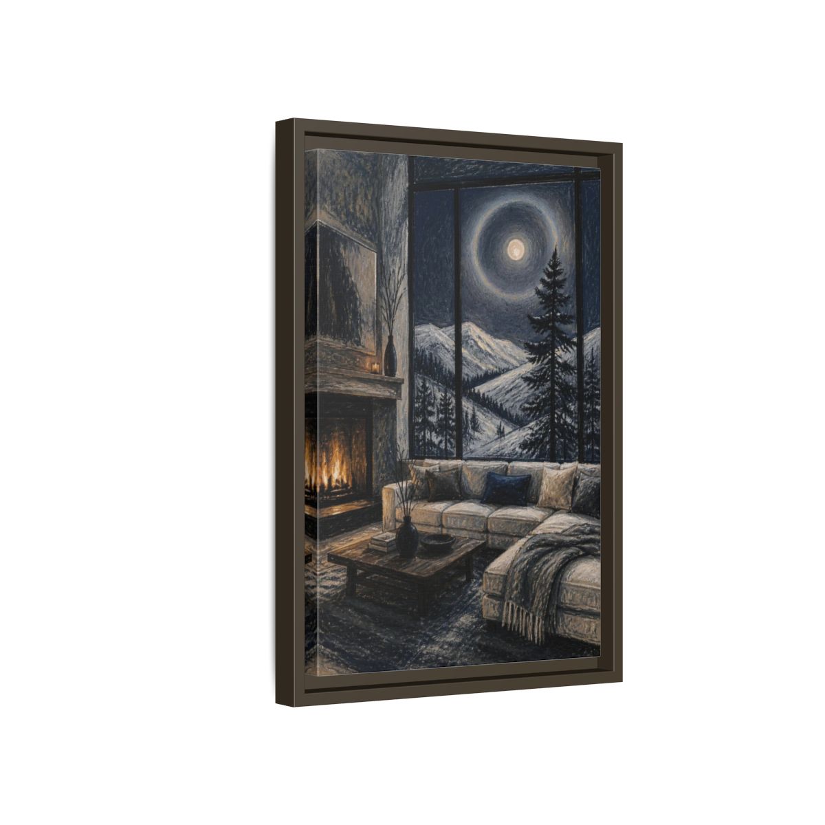 Side Mockup 5. Living Room Moonlit Pine shown as framed canvas print