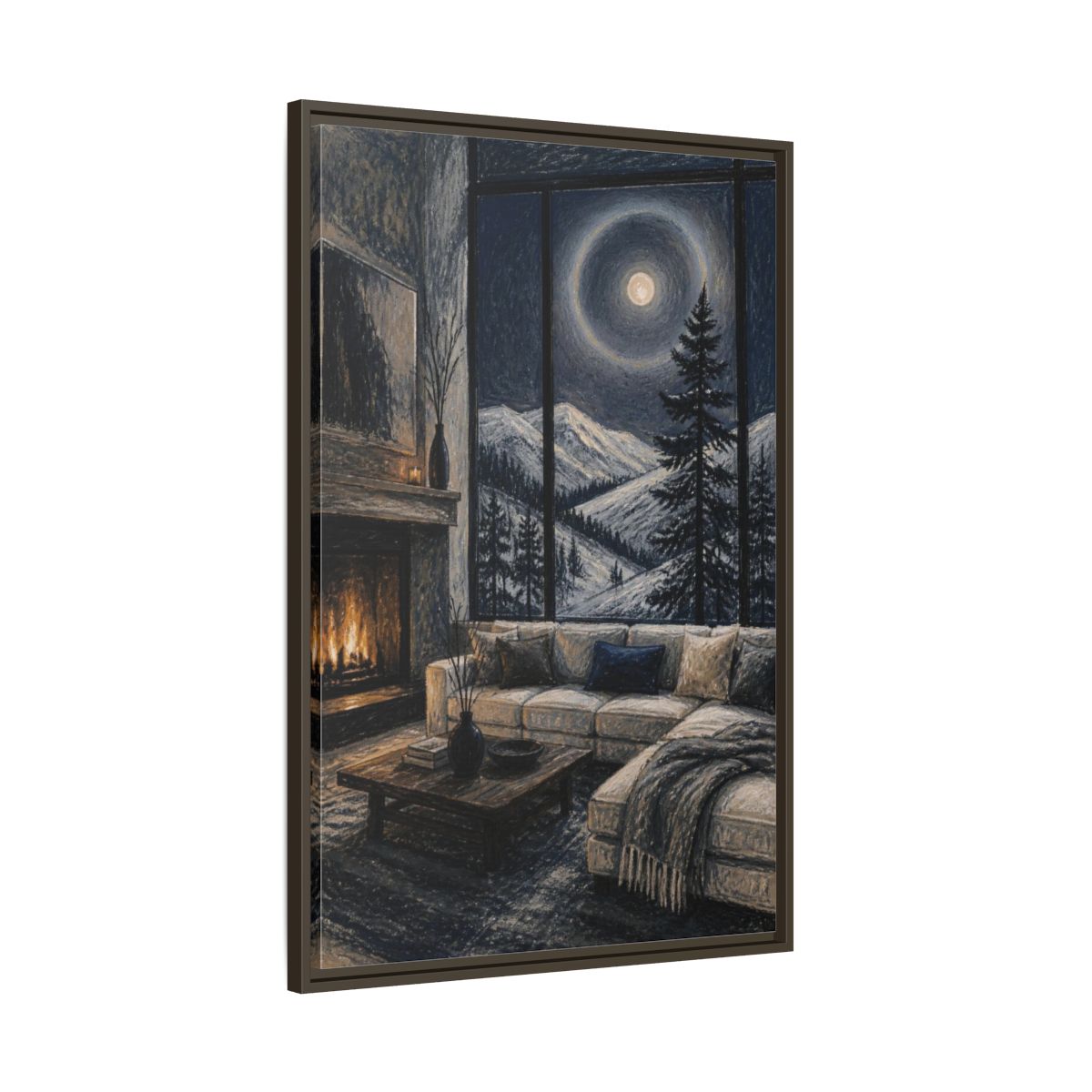Main Mockup. Living Room Moonlit Pine shown as framed canvas print
